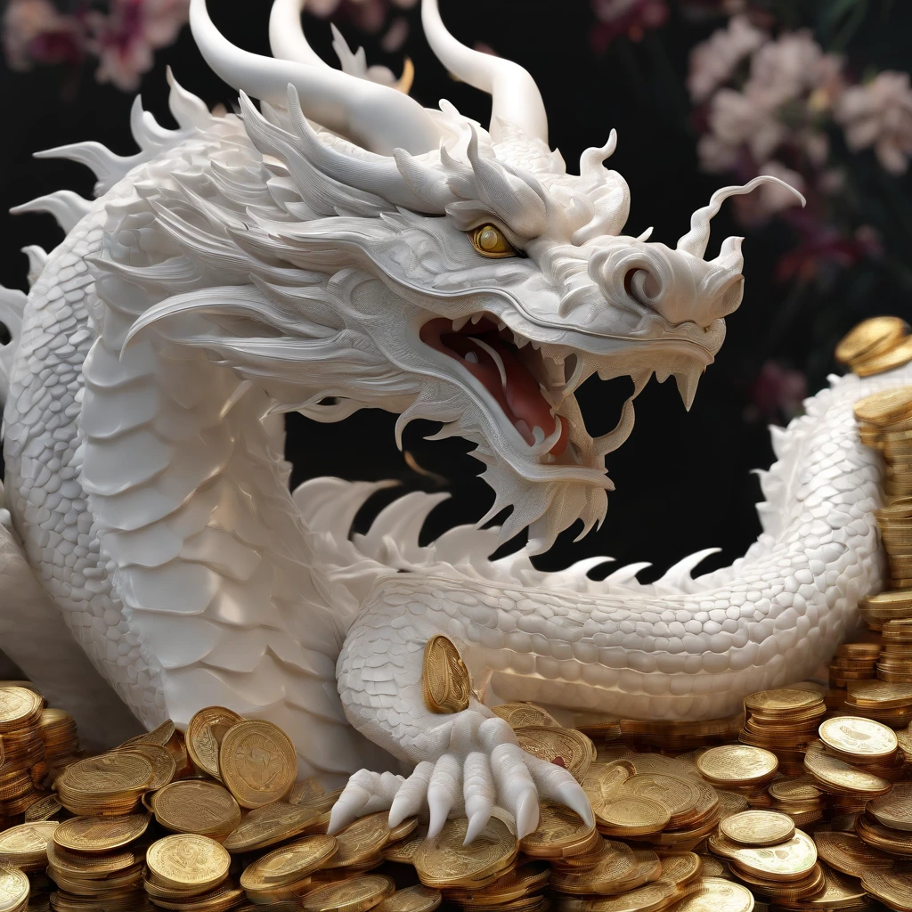 "Very beautiful 3D rendered white Chinese dragon，Representation of Dynamics, Sharp effects and details，Best image quality，High resolution，Variety of colors,　Coin pile, treasure"