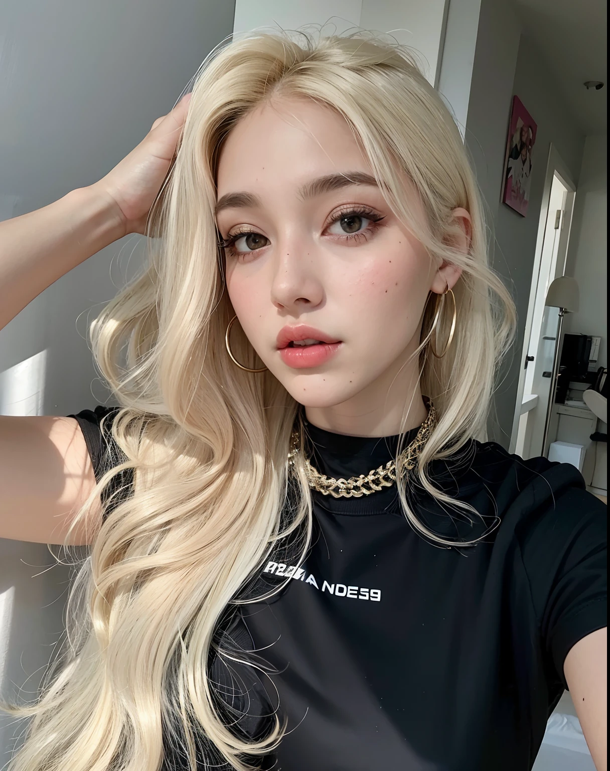 um close up de uma mulher com longos cabelos loiros vestindo uma camisa preta, ava max, Taran Dasha, mulher sueca loira, julia gorokhova, Angelina Stroganova, longos cabelos loiros e olhos grandes, Irina Nordsol Kuzmina, Angie Glocka, uma com cabelo loiro, Kailee Mandel, meninaita de cabelos brancos