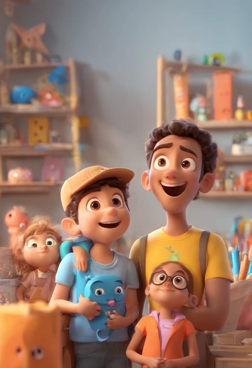 Estilo Pixar: Familia, Um pai, A mother and three boys and one girl. Uma de 9 anos loiro com olhos castanhos, um meninoanos loiro de olhos azuis, um menino de 5 oiro com olhos castanhos e uma menina de 1 ano lom olhos azuis