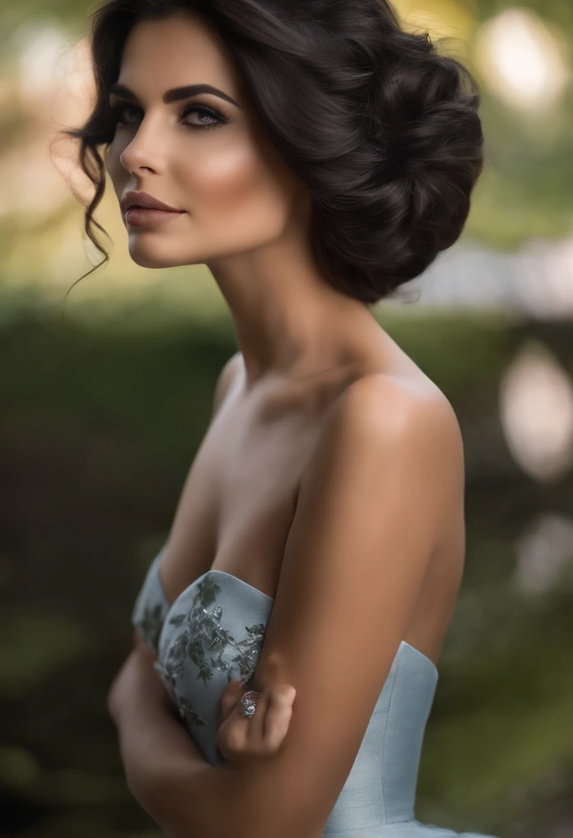 olhos puxados e castanhos seus cabelos casatanhos com mechas loiras, luxuoso, lisos, cai graciosamente pelos ombros e flui suavemente ao redor de seu rosto, enquadrando-o com um toque de glamour.