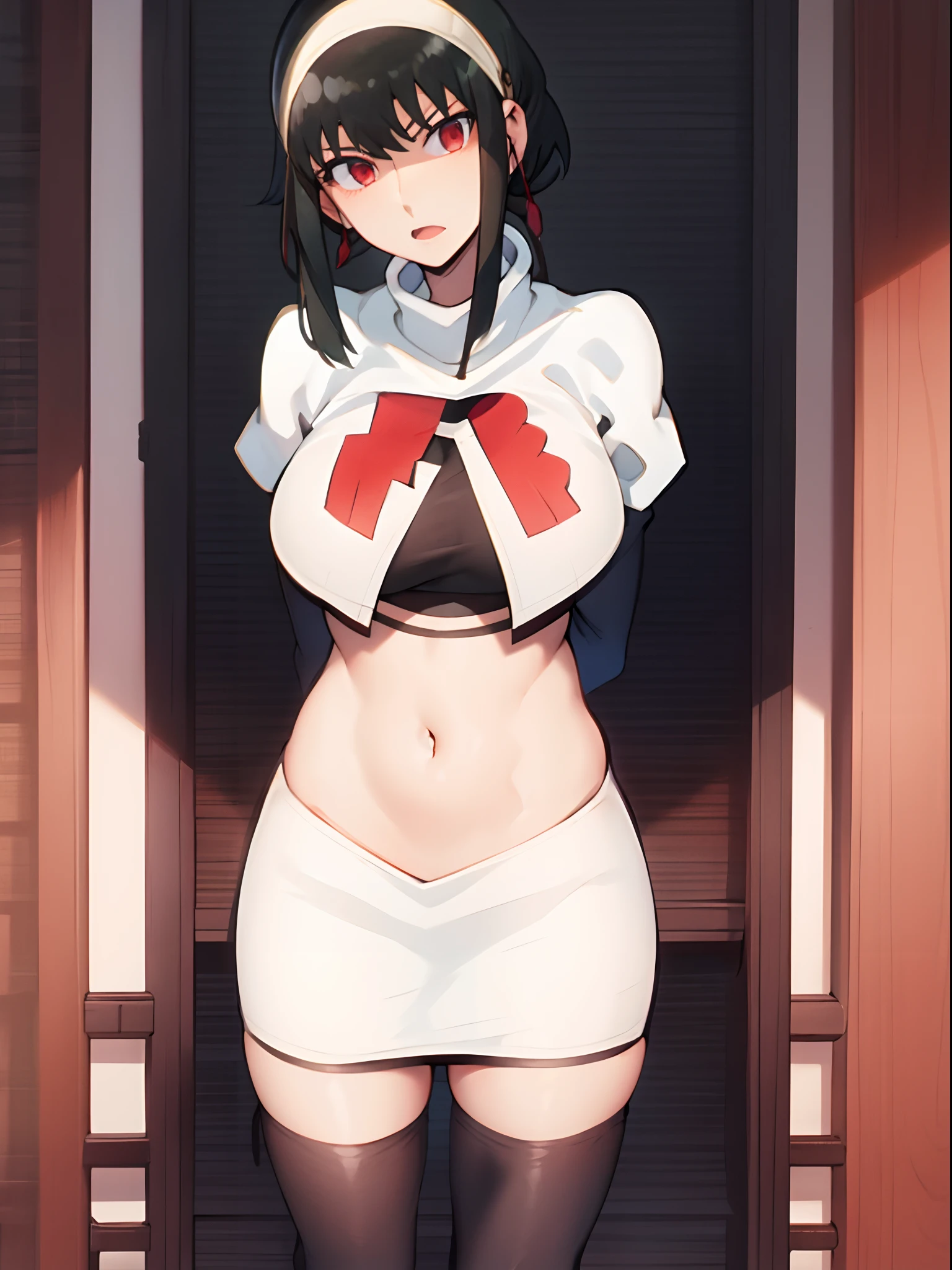 yor, 1girl, black hair, red eyes, black hair, short hair, short hair with long locks, bangs, sidelocks, white hairband,team rocket,team rocket uniform,white skirt,crop top,black thigh-highs,black elbow gloves,