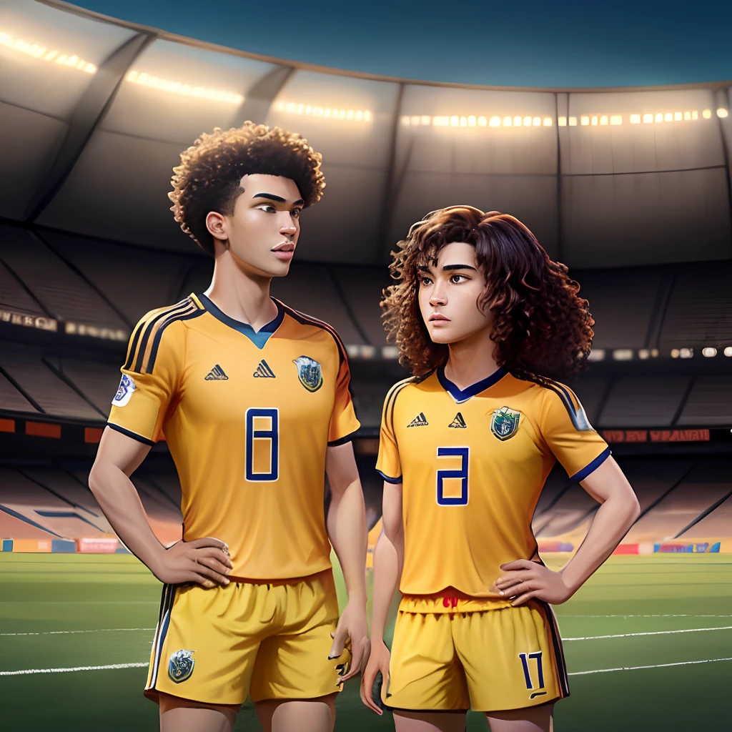 create Pixar-style Disney images
Brown Skin Curly Hair Red with Amazonas Fc Team Uniform Yellow Color Jaguar Symbol. inside the football stadium ⚽