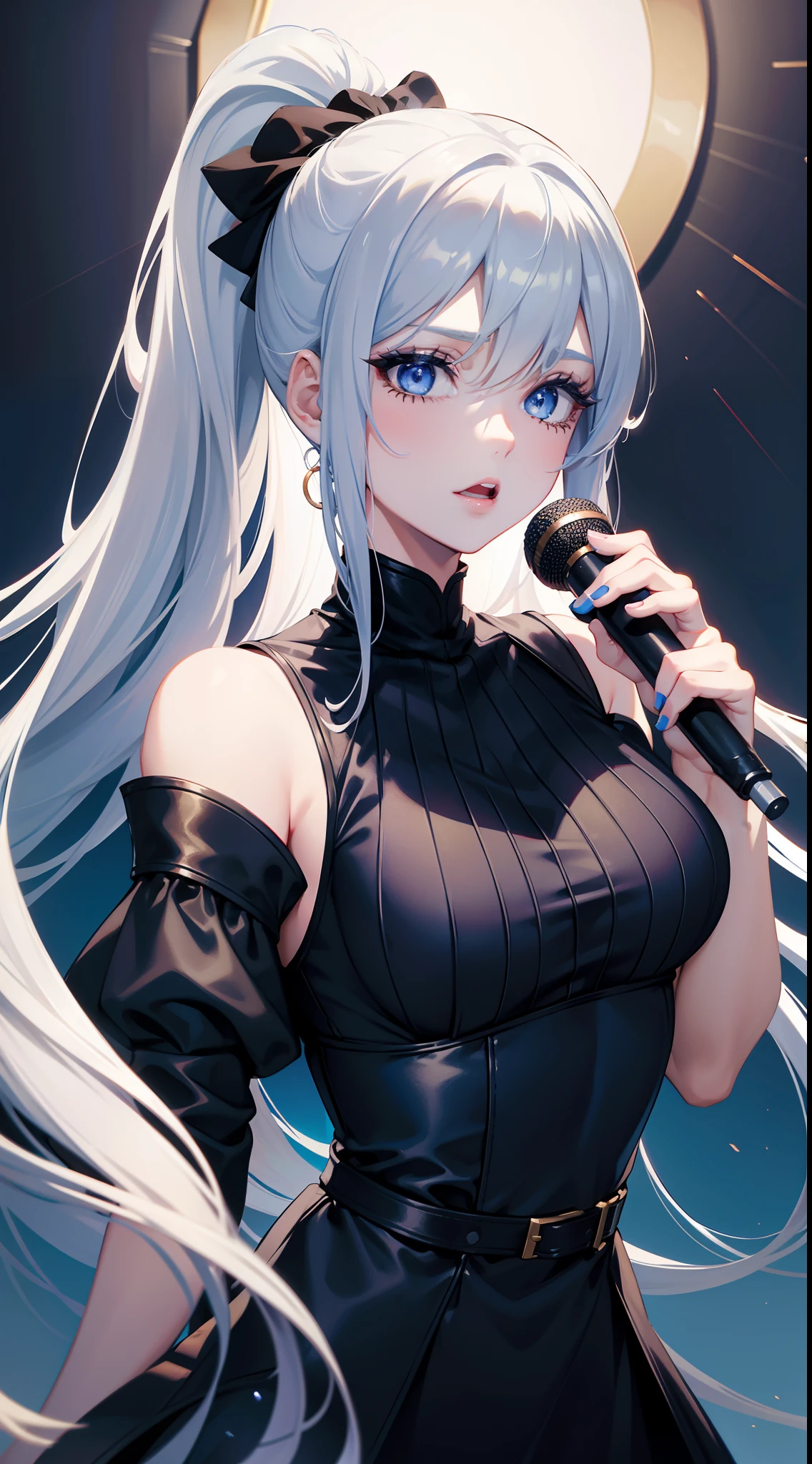 Grown-up girl, long white hair, high ponytail, blue eyes, blue eyeshadow, blue lipstick, black tight dress, rich dress, sleeveless, open breasts, golden elements, singing, opera, Masterpiece, hiquality, 4k, HD, Good detail