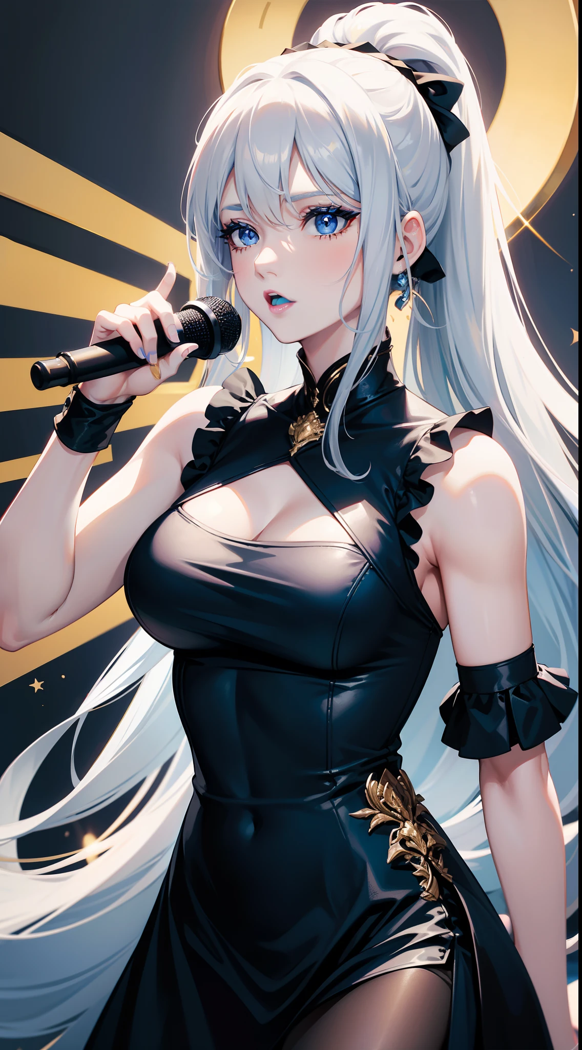 Grown-up girl, long white hair, high ponytail, blue eyes, blue eyeshadow, blue lipstick, black tight dress, rich dress, sleeveless, open breasts, golden elements, singing, opera, Masterpiece, hiquality, 4k, HD, Good detail