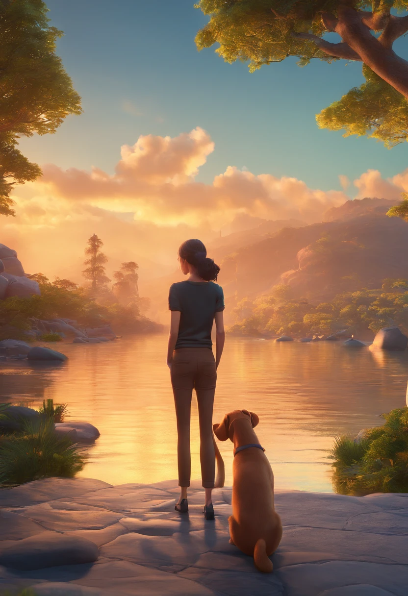 uma mulher de cabelos longos e pretos, with black shirt and pants, and a medium-sized caramel dog. Ilustre esta cena a partir de uma perspectiva, where they're facing away from the camera, olhando a paisagem de um rio com florestas em volta. Show Your Connection. Desenvolva esta arte em Full HD, Focus on your cinematic touch, Estilo Disney Pixar Animations