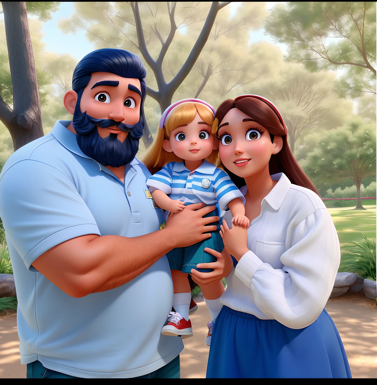 There is a black haired white man and woman holding a short-haired child standing in a park, disney render, pixar retrato 8 k foto, Disney fotorrealista |, in style of disney animation, Cartoon style illustration, promotional render, Disney foto realista, Pixar Zootopia. 3D-rendering, Arte Oficial, no estilo da Disney Pixar, Official White Skin Illustration