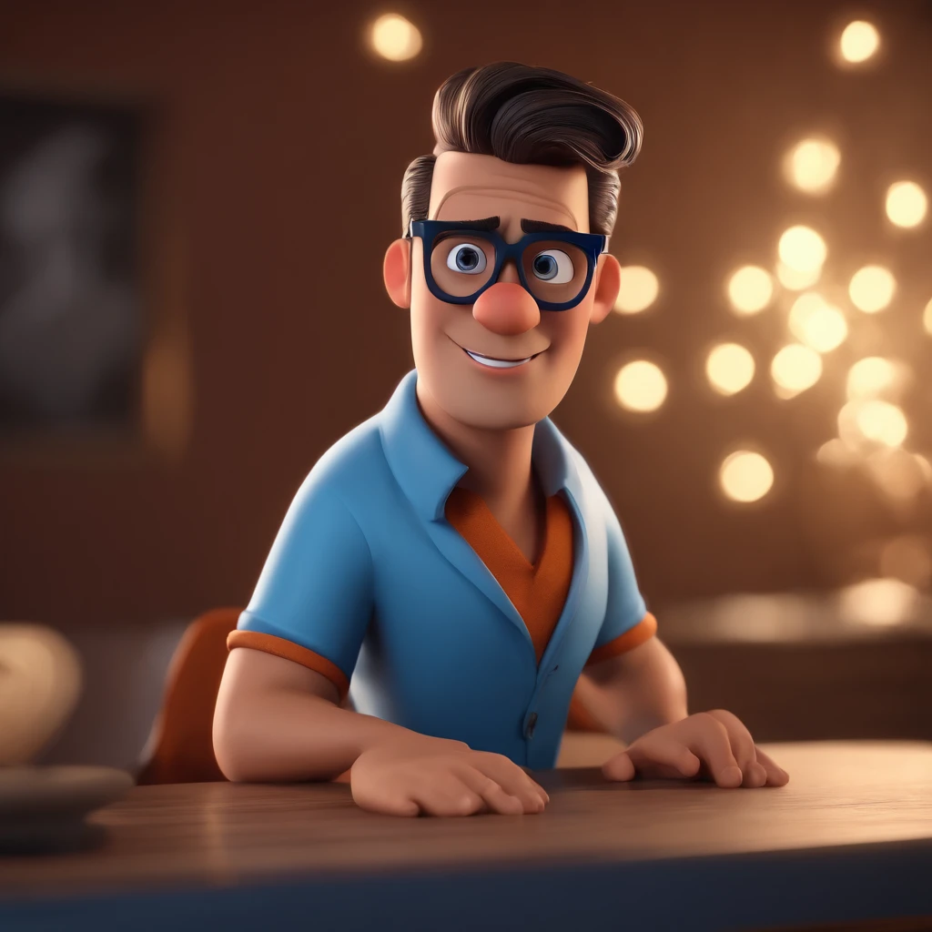 Cartoon character of a man with black glasses and a blue shirt, animation character, Caractere estilizado, animation style rendering, 3D estilizado, Arnold Maya render, 3 d render stylized, toon render keyshot, Personagem 3D, Personagem 3D, 3d rendering stylized, 3 d character render, personagem de desenho animado, Personagem de close up, Pose de personagem, (Estilo Pixar) (master part:1.2) (Bokeh) (best quality) (pele detalhada) (textura detalhada) (8k) (argila) (Cinematic lighting) (foco nítido