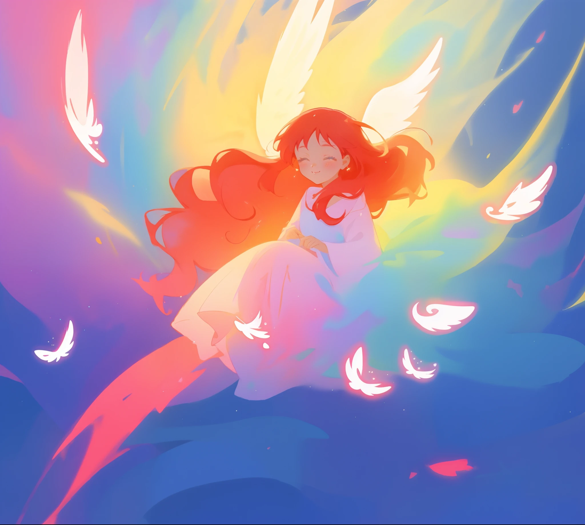 beautiful angel girl barefoot in shimmering sparkling long dress, ((colorful angel wings)), vibrant pastel colors, long flowing red hair, colorful fantasia background, watercolor illustration, disney art style, beautiful digital illustration, beautiful, masterpiece, best quality, anime disney style, beautiful face, ((angel)), ((angel wings))