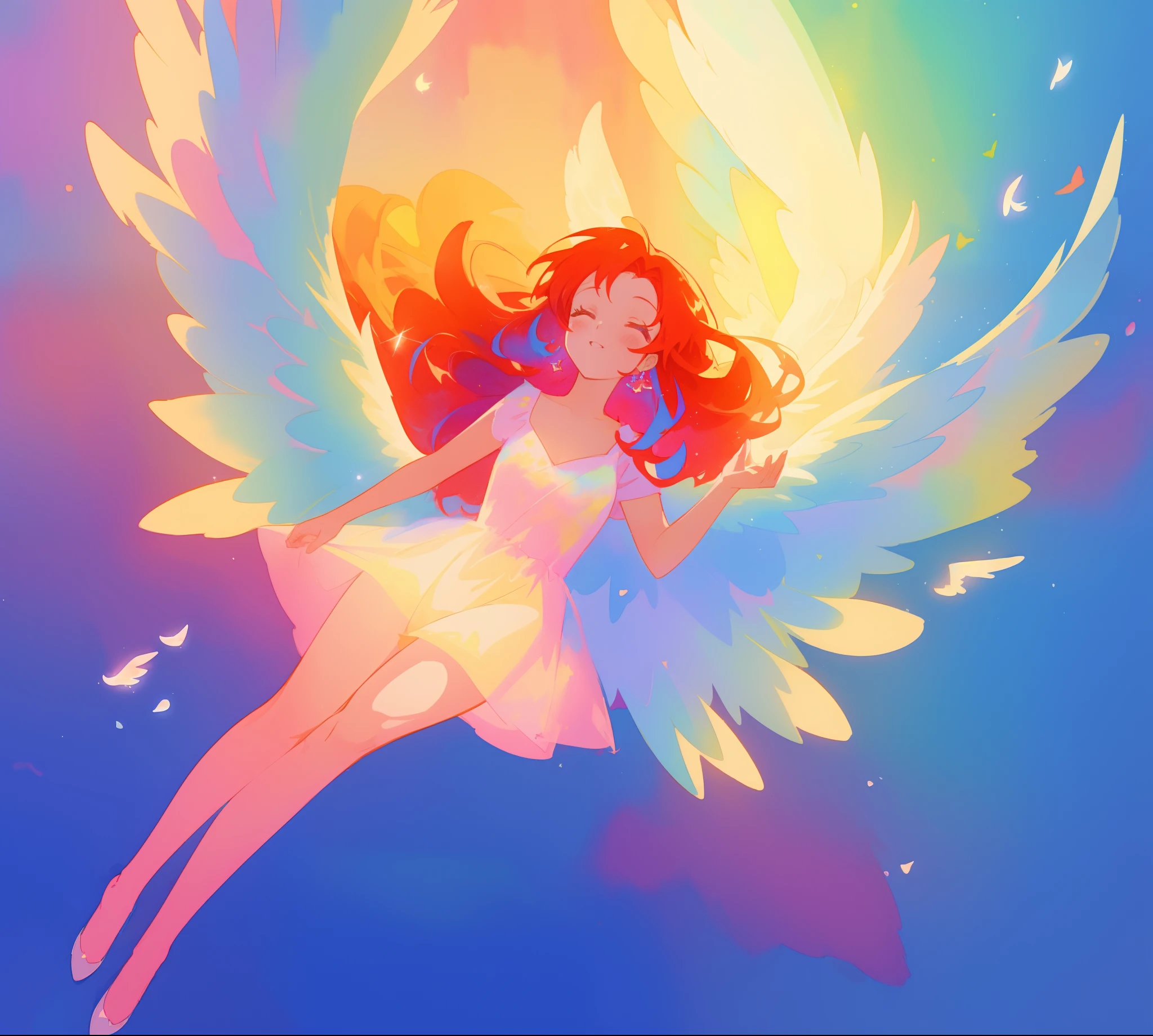 beautiful angel girl in long flowing sparkling dress, ((colorful angel wings)), vibrant pastel colors, long flowing red hair, colorful fantasia background, watercolor illustration, disney art style, beautiful digital illustration, beautiful, masterpiece, best quality, anime disney style, beautiful face, ((angel)), ((angel wings))