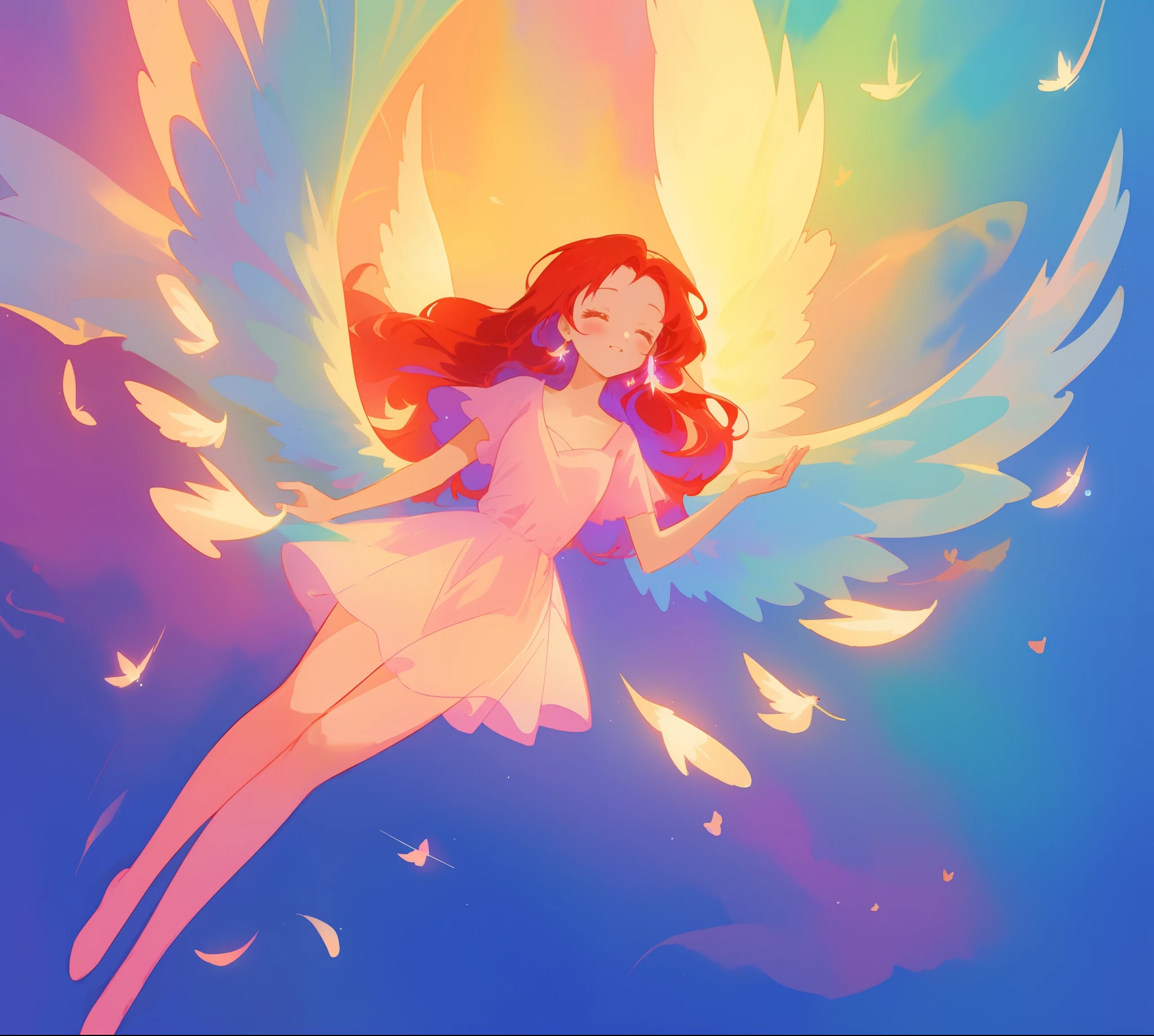 beautiful angel girl in long flowing sparkling dress, ((colorful angel wings)), vibrant pastel colors, long flowing red hair, colorful fantasia background, watercolor illustration, disney art style, beautiful digital illustration, beautiful, masterpiece, best quality, anime disney style, beautiful face, ((angel)), ((angel wings))