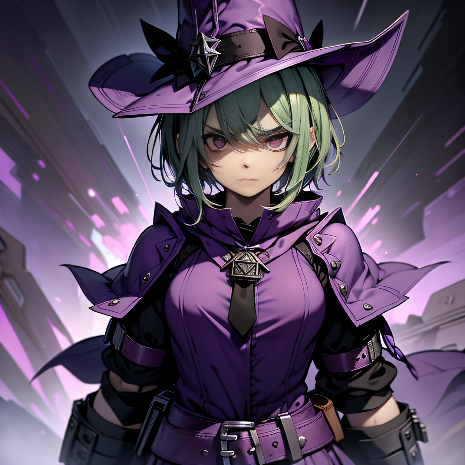 top-quality、extremely delicate and beautiful、(A teenage girl)、Purple Eye、Green hair、short-haired、(purple witch hat)、Purple tie、Tactical Vest、Soio、shortsleeves、Purple skirt、Purple Wizard Robe、Navel、is standing、Facing the front、Expression of hatred、Dark background、Only eyes