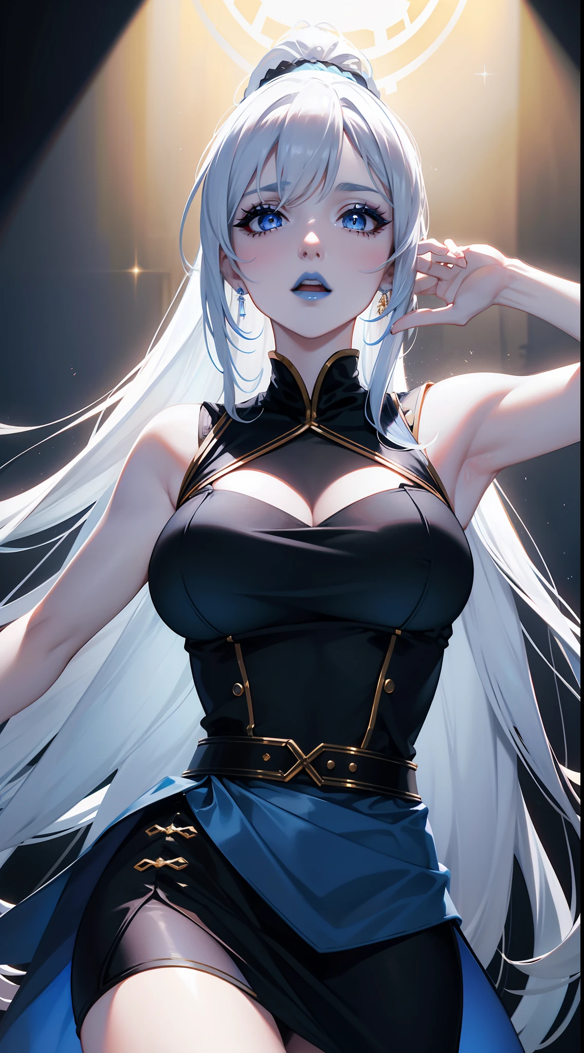 Striped hair, Silver hair, Absurdly long hair, hair adornments, streaming tears, Earrings, ripped apart, Action painting, Anime style, lines of movement, stereograms, blend, Cinematic lighting, bust chart, tachi-e, Close-up, angle of view, Nikon, hyper HD, A high resolution, High quality, High details, Best quality, Textured skin --auto