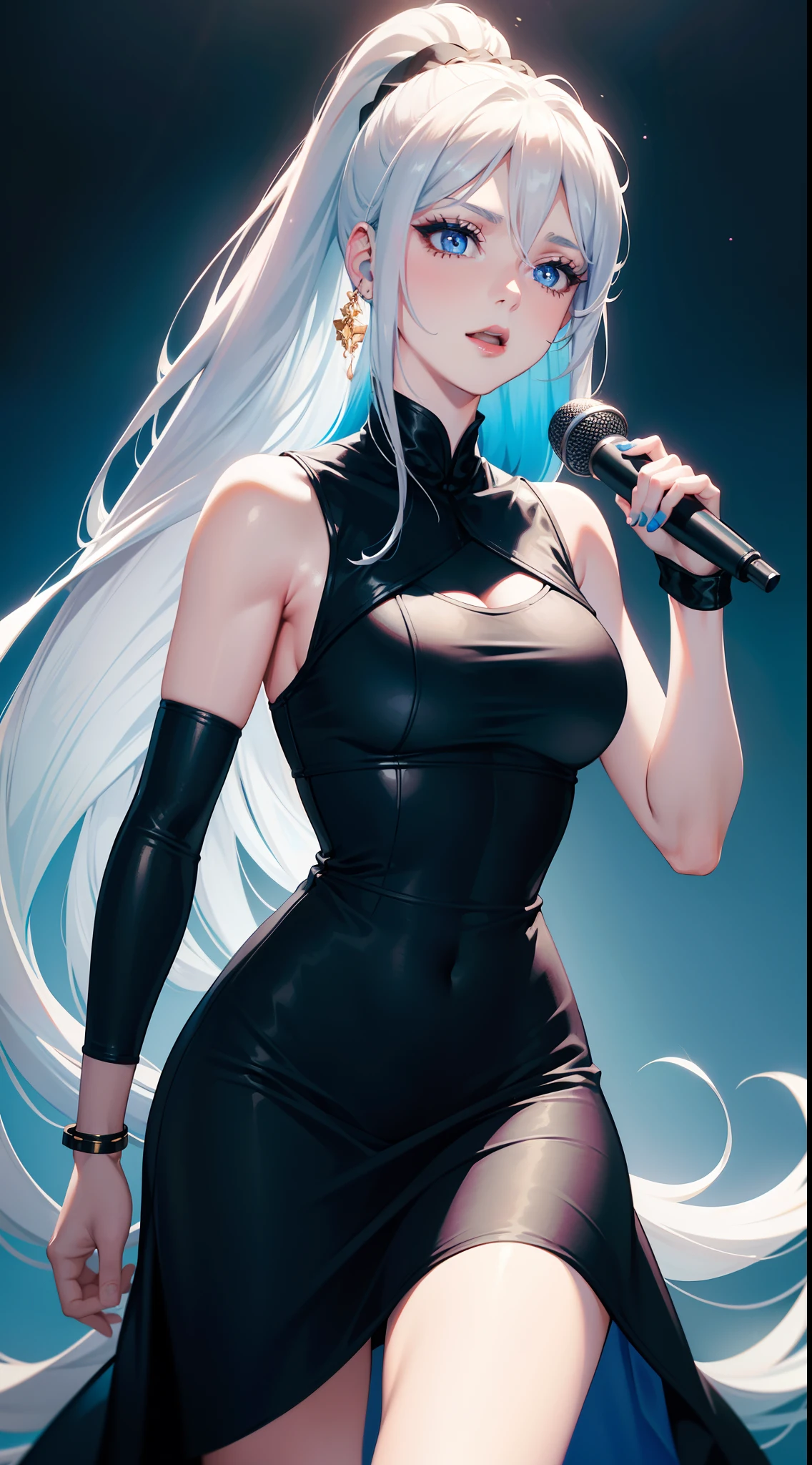 smile、((8K)), ((32k)), ((Highest quality)), ((masterpiece)), ((超A high resolution)), ((Tmasterpiece)), ((Halation:1.4))、((White mechanical headgear:1.3))、((White mecha cyber headphones:1.3))、Fine skin, High quality fabric, ((Beautiful and dense face))、RAW Photos、Professional, Ultra-fine painting, ((alone)), Beautiful breasts、Highest quality, Very detailed, Very detailed詳細, Finer details, so beautiful, Full body description、on a futuristic street、White thigh-high boots、(Woman wearing a black leather miniskirt:1.8)、(Wearing a white knitted turtleneck sweater:1.8)、 take a walk、Beautiful legs、(Machine Eyes:1.3)、drooping eyes: 1.3,, (In 8K) , masterpiece, (No retouching, Lip gloss, False eyelashes, Real Skin, Highest quality, 超A high resolution, Depth of written boundary, chromatic aberration, Caustics, Wide Lighting, Natural Shading))、Korean Idol、Asian woman smiling at camera,、Young and cute gravure idol, Young and skinny gravure idol, Realistic Young Gravure Idol, Young Gravure Idol, Japanese Model, Shot with Canon EOA 6D Mark II, Shot with Canon EOS 5D Mark IV, Young Gravure Idol、(White thigh-high boots:1.5)、(Long silver hair:1.1), cowboy_shot, Side Focus, Shiny、Concept Art, Anime fantasy artwork, (((Long silver hair))), 8K high quality, detailed art, In 8Kのキャラクターアートの3Dレンダリング, neat legs, Defined, Defined fingers,