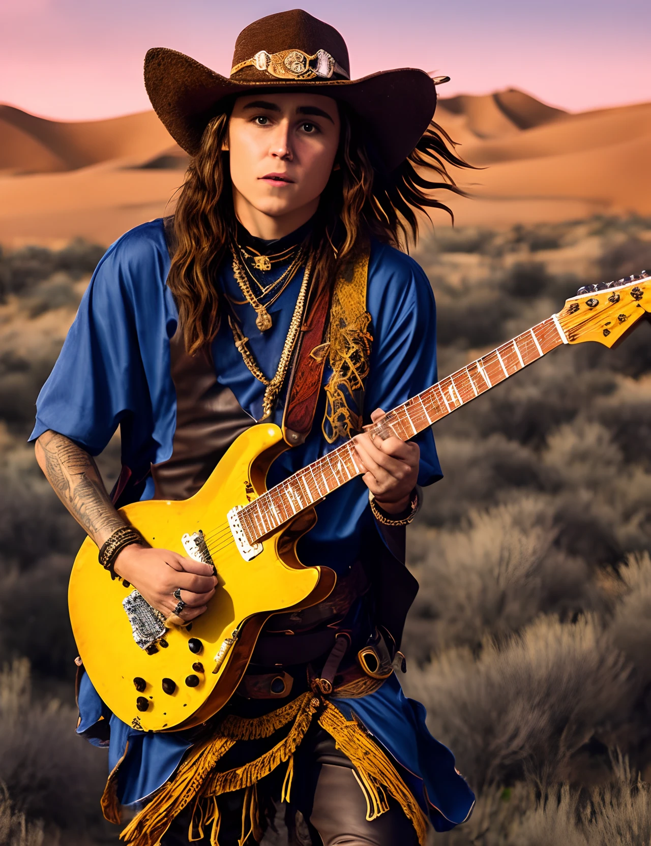 Jake Kiszka dressed as Link from The Legend of Zelda fighting a skeleton in the desert using his red electric guitar