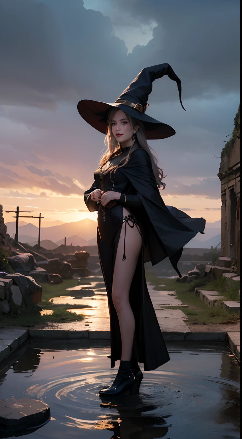 (Numerous award-winning masterpieces, with incredible detail, textures and maximum detail), (hyper realistic:1.4), (realistic:1.3), (full body up:0.4), (best quality real texture skin), ((medieval world)), slanted eyes, finely detailed eyes, finely detailed face, (((witch's old black hat))), (Slim witch in white), (Slim female wizard in white), (Slim witch in black), (slim female wizard in black), Gentle eyes, ((perfect and beautiful fingers)), ((perfect and beautiful arms)), (She has a mischievous smile on her face:1.4), Friendly and girlish face, (The devil dances overhead), Glass earrings on the ears, (dramatic photo:1.6), Shining majestic lightning storm cloud mass and sky, halo optical phenomenon, Anti-Sacred Light, twilight, sunset, dusk, (Dramatic Light), (A majestic sight), (Her expression is calm gentle and very beautiful but somehow scary), (Noble posture), (golden hair, silver hair, chestnut hair), ((Full-length portrait)), ((looks up)), ((looking down)), (full-body standing image:1.5), (Around her neck is a simple necklace with wicked but elaborate workmanship), Altar of Purgatory, Old ruins infested with plants, The Great Temple of the Devil, great cathedral, The Devil's Grand Shrine, temple ruins, detached temple, magic circle, Ruins of an ancient castle, Deserted ruins, crumbling ruins, Ancient ruins with clear water, wavelets, running water,