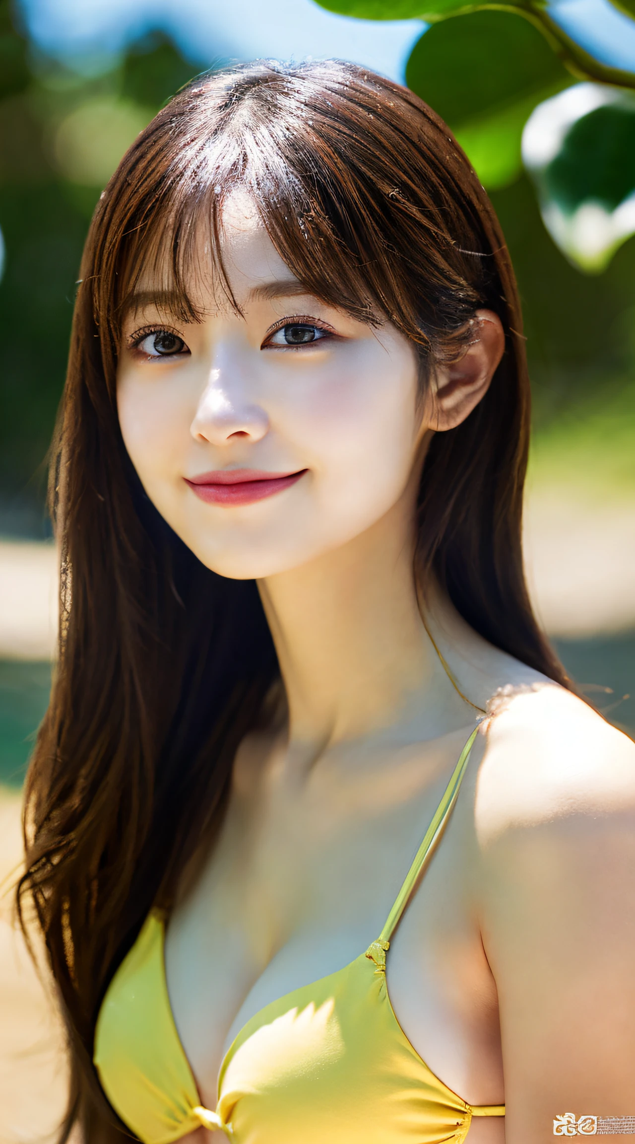 top-quality、top-quality、realisitic、Unity、8k wallpaper、Official art、Highly detailed CG Unity 8k wallpaper、ultra-detailliert、hight resolution、Physically-based rendering、ultra-detailliert,magnifica, finely detail,1girl in、(Smile Face:1.2)、Slim Face、Pretty Lady、hyperdetailed face、Detailed eye、二重まぶた、Kamimei、(glistning skin)、(sun-kissed skin)、(real looking skin)、View、Blurred background、(Colossal tits)、(Chest to head)、frontage、Slim Face、the beach、profetional lighting、Lighting the face、best light,(Adult Bikini)、(Phalaenopsis Shinobu)、Enako、