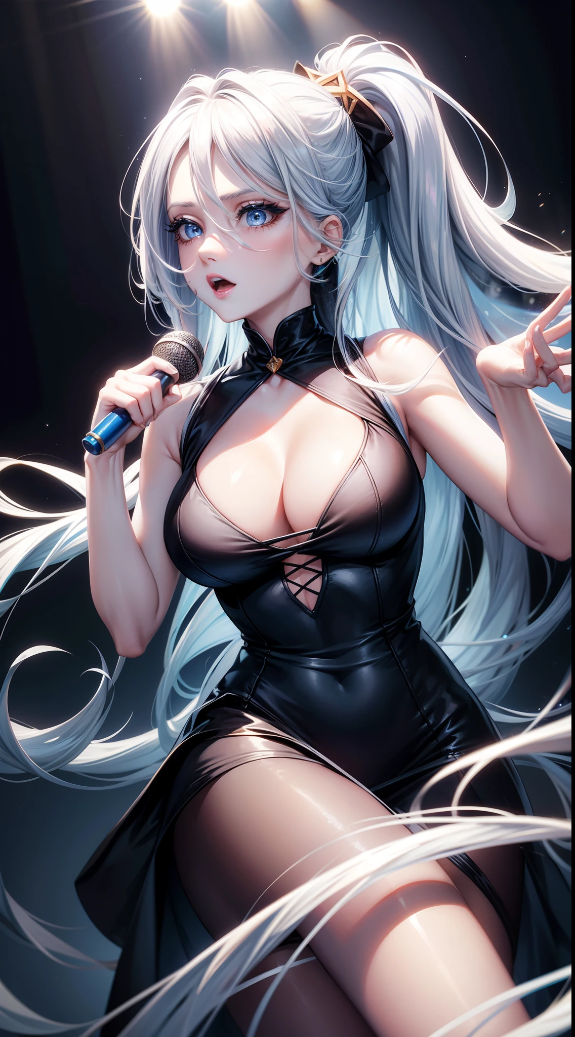 Grown-up girl, long white hair, high ponytail, blue eyes, blue eyeshadow, blue lipstick, black tight dress, rich dress, sleeveless, open breasts, golden elements, singing, opera, Masterpiece, hiquality, 4k, HD, Good detail