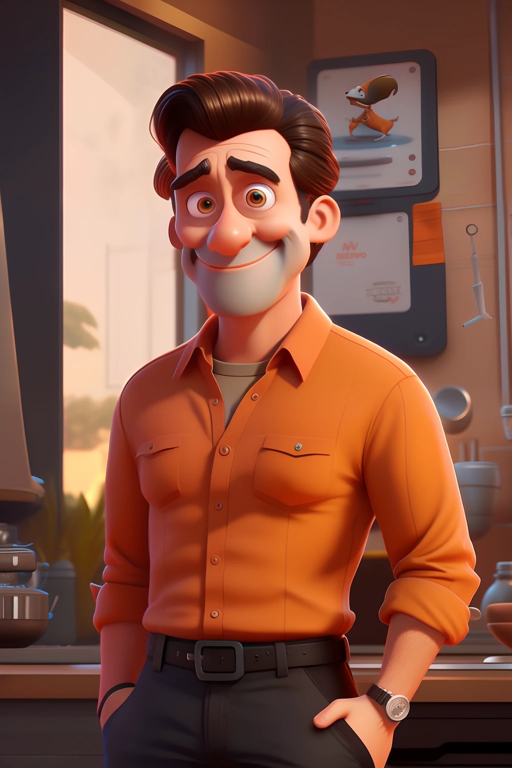 Man in orange shirt and black pants standing in a kitchen, pixarman rendering rendering, Como um personagem da Pixar, renderizar na pixar, pixar 3 d animation style, pixar retrato 8 k foto, animation character, Arnold Maya render, Representado como um personagem da Pixar, pixar octane render, personagem pixar, Estilo dos desenhos animados da Pixar, Personagem ideal da Pixar, renderizado em Arnold, pixar rendering