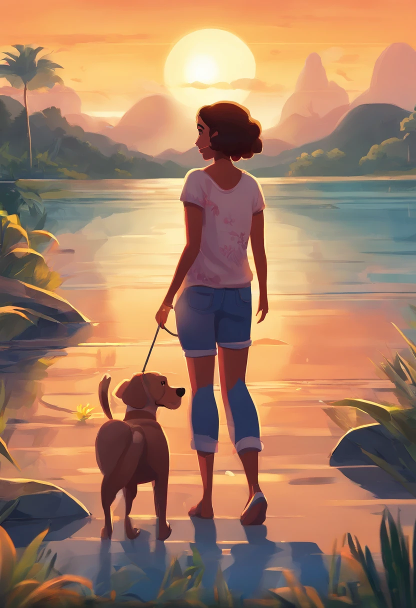 uma mulher de cabelos longos e pretos, com camiseta preta, with long jeans and prera, levemente acima de peso. By his side a medium-sized caramel dog. Ilustre esta cena a partir de uma perspectiva, where they're facing away from the camera, olhando a paisagem de um rio com florestas em volta. Show Your Connection. Desenvolva esta arte em Full HD, Focus on your cinematic touch, Disney Pixar Animations Style and a Medium-Sized Caramel Dog. Ilustre esta cena a partir de uma perspectiva, where they're facing away from the camera, olhando a paisagem de um rio com florestas em volta. Show Your Connection. Desenvolva esta arte em Full HD, Focus on your cinematic touch, Estilo Disney Pixar Animations