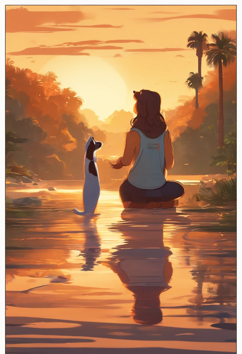 uma mulher de cabelos longos e pretos, com camiseta preta, with long jeans and prera, levemente acima de peso. By his side a medium-sized caramel dog. Ilustre esta cena a partir de uma perspectiva, where they're facing away from the camera, olhando a paisagem de um rio com florestas em volta. Show Your Connection. Desenvolva esta arte em Full HD, Focus on your cinematic touch, Disney Pixar Animations Style and a Medium-Sized Caramel Dog. Ilustre esta cena a partir de uma perspectiva, where they're facing away from the camera, olhando a paisagem de um rio com florestas em volta. Show Your Connection. Desenvolva esta arte em Full HD, Focus on your cinematic touch, Estilo Disney Pixar Animations