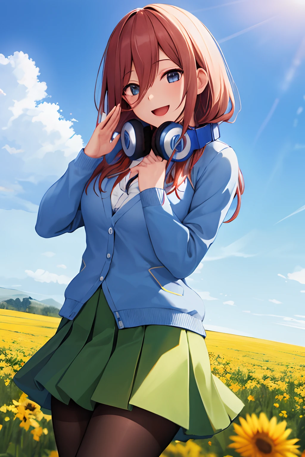 masterpiece, best quality, highres, nm1, headphones around neck, school uniform, long sleeves, blue cardigan, green skirt, pantyhose, cowboy shot, smile, open mouth, own hands together, field