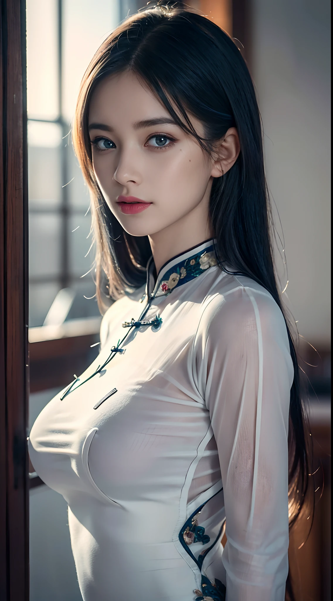 (Hyperrealistic), (illustration), (high resolution), (8K), (Extremely detailed), (Best Illustration), (Beautiful detailed eyes), (Best quality), (Ultra-detailed), (Masterpiece), (the wallpaper), (Photorealistic), (Natural light), (rim lit), (Detailed face), (Highly detailed realistic skin textures), (Anatomically correct), (Solo), (1 girl), (high detailed realistic hair), (Blue hair:1.2), spiked hair, (Heterochromic eyes), (detailed green eyes), (Small moles under the eyes), (Realistic big breasts:1.5), (Exposed breasts:1.3), (Long legs), (Slender abs), (Dynamic pose), (Closed mouth:1.3), (traditional cheongsam outfit), (Sheer clothes:1.5), NSFW,nakeness
