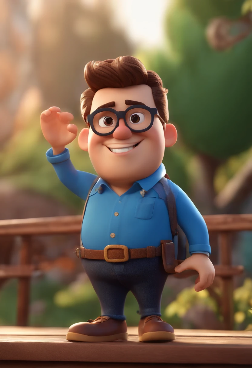 Cartoon character of a man wearing black glasses and a blue shirt, um personagem animado, Caractere estilizado, animation style rendering, 3D estilizado, Arnold Maya render, 3 d render stylized, toon render keyshot, Personagem 3D, Personagem 3D, 3d rendering stylized, 3 d character render, personagem de desenho animado, Personagem de close up, Pose de personagem, (Estilo Pixar) (master part:1.2) (Bokeh) (best quality) (pele detalhada) (textura detalhada) (8k) (argila) (Cinematic lighting) (foco nítido，Senta e vaza a parte superior do corpo