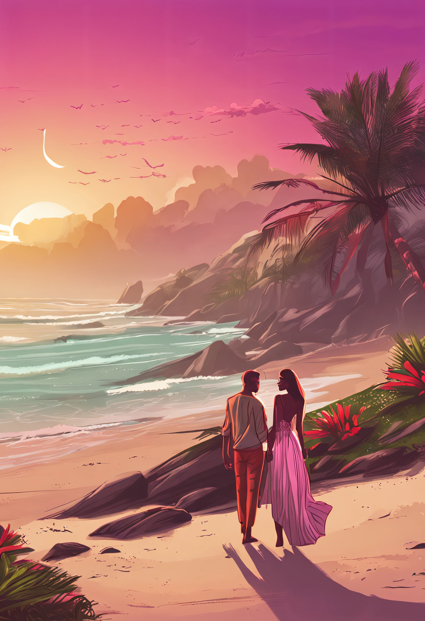 um casal se beijando na praia um moreno e uma mulher de cabelos longos morena de vestido rosa