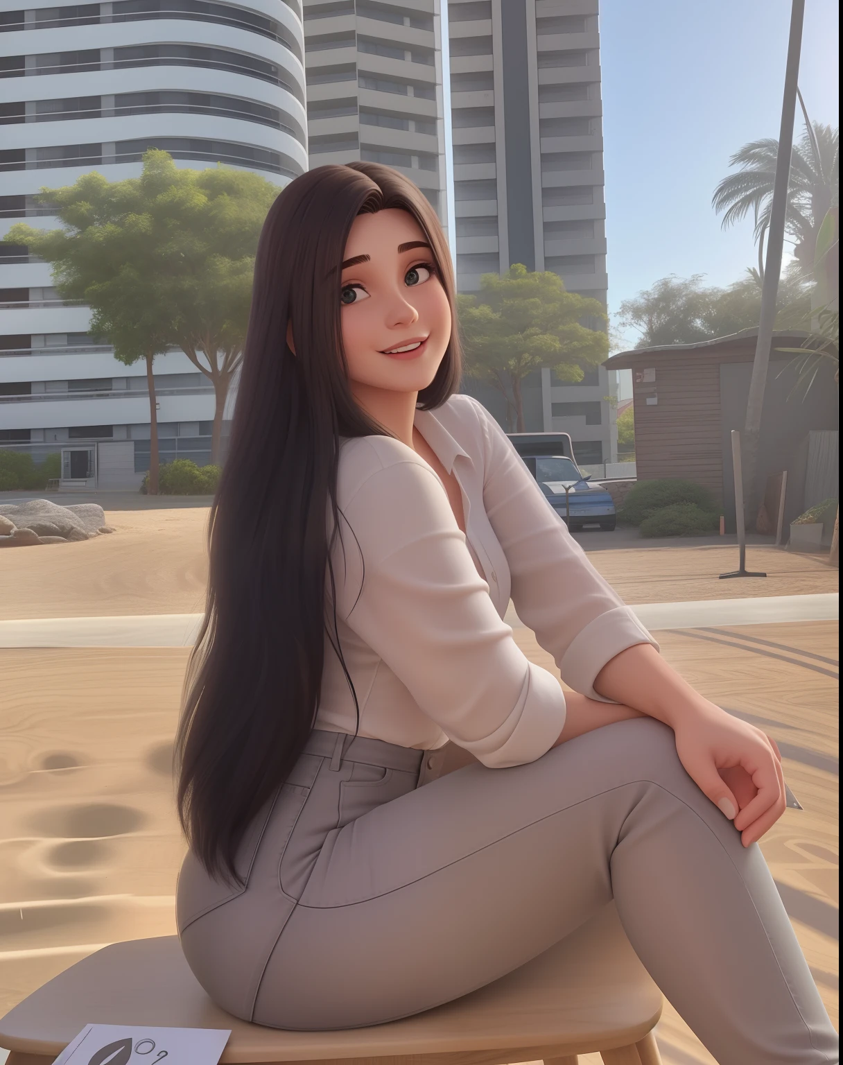 Uma mulher de 18 anos, com longos cabelos castanhos escuros , Rosto redondo, sorriso encantador, e olhos castanhos, In a classroom, studio lighting, sign language interpreter and sign language teacher. She's wearing black clothes, blouse and black jeans