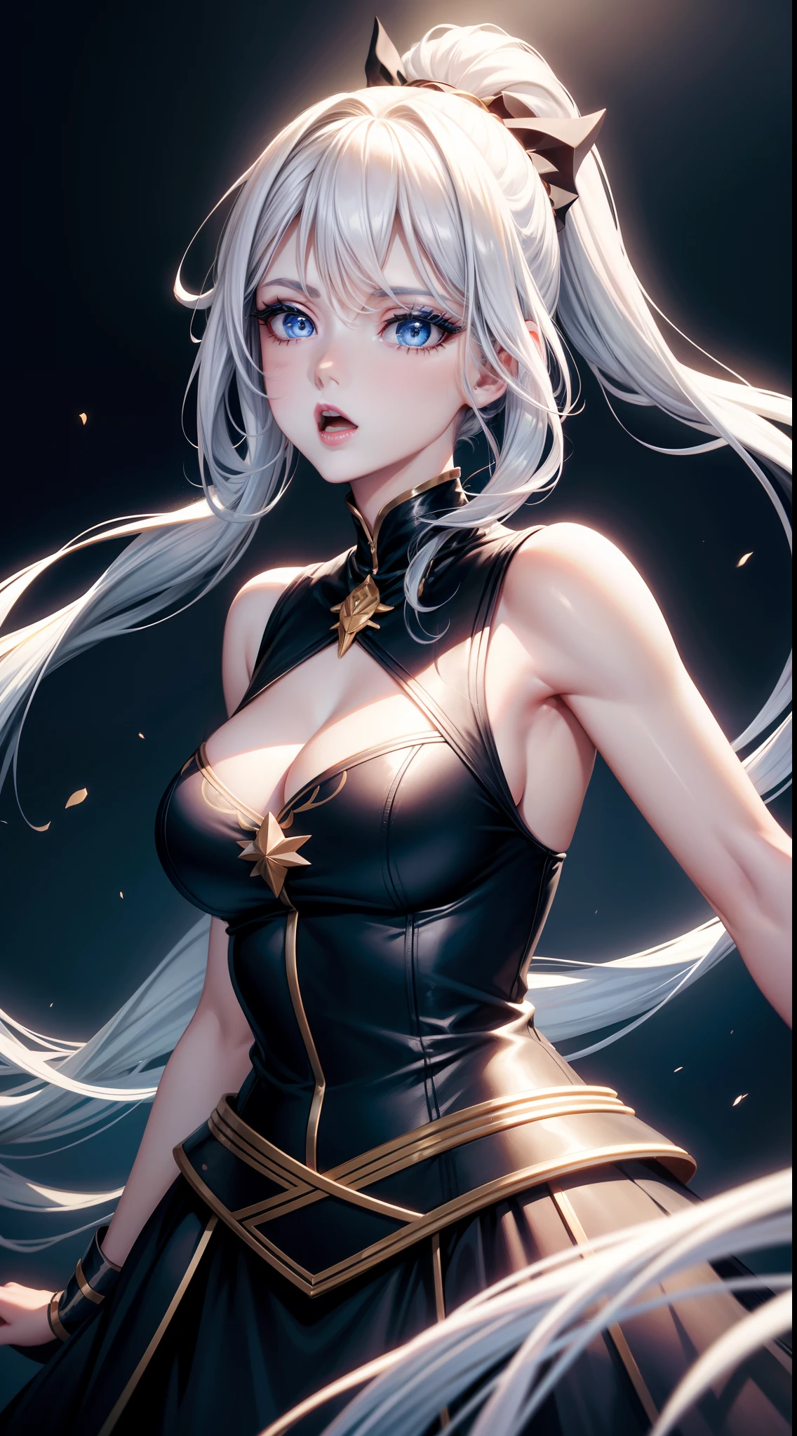Grown-up girl, long white hair, high ponytail, blue eyes, blue eyeshadow, blue lipstick, black tight dress, rich dress, sleeveless, open breasts, golden elements, singing, opera, Masterpiece, hiquality, 4k, HD, Good detail