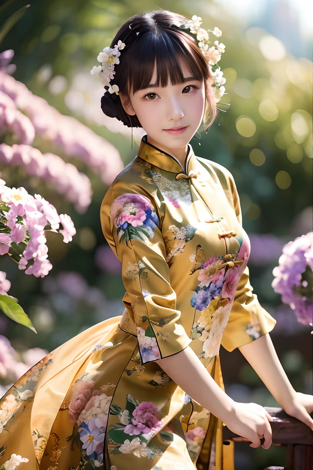 (masterpiece, top quality, best quality, official art, beautiful and aesthetic:1.2), 1 girl , extremely detailed, (flowers:1.3),highest detailed, (dynamic pose), (blurry background:1.3), (chinese Traditional cloth:1.2), (shiny skin),