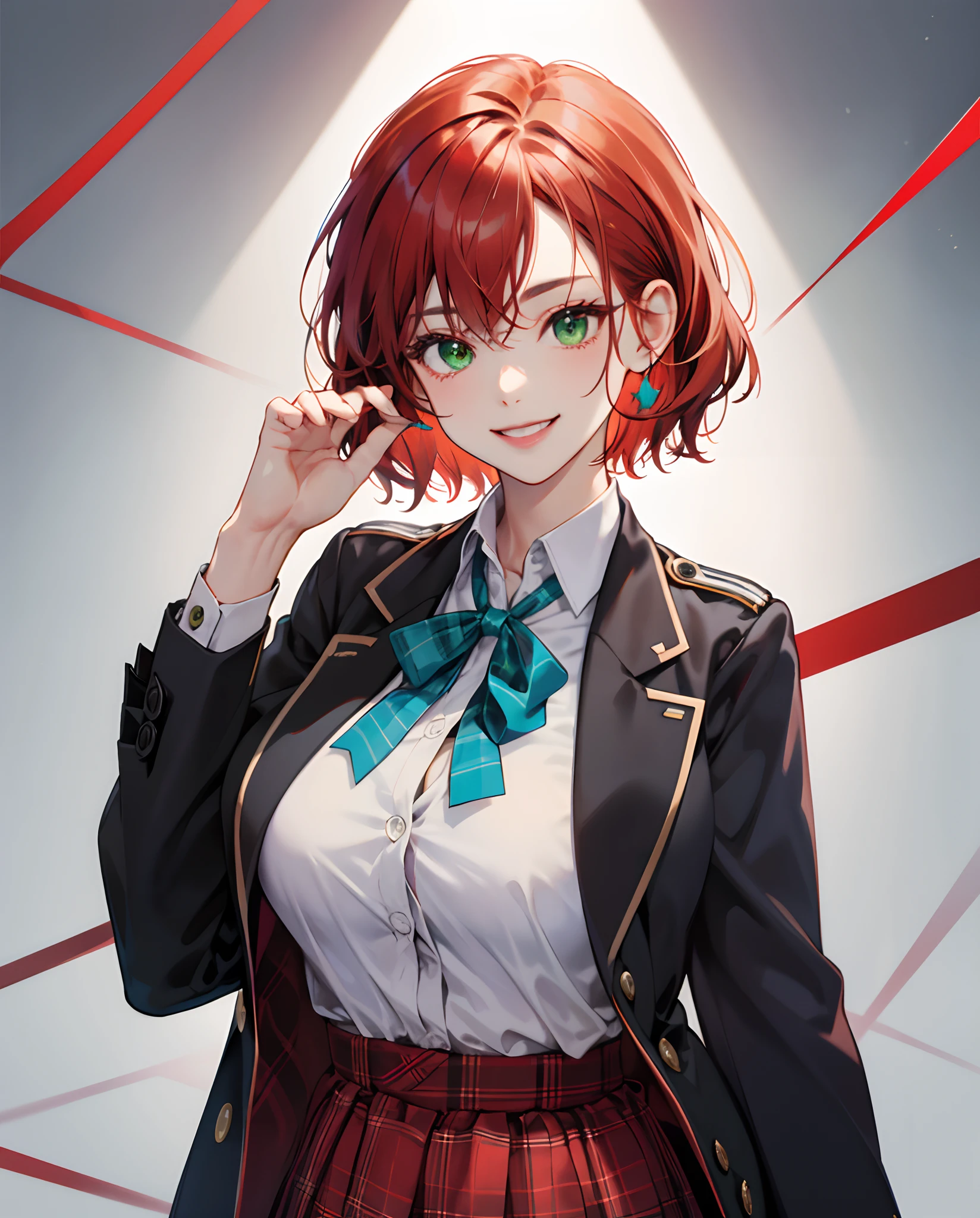 A girl with a short red bob, green eyes, and big breasts,Black Blazer School Uniform,Bow tie on the chest,Hair band on the head,The background is only a blue sky