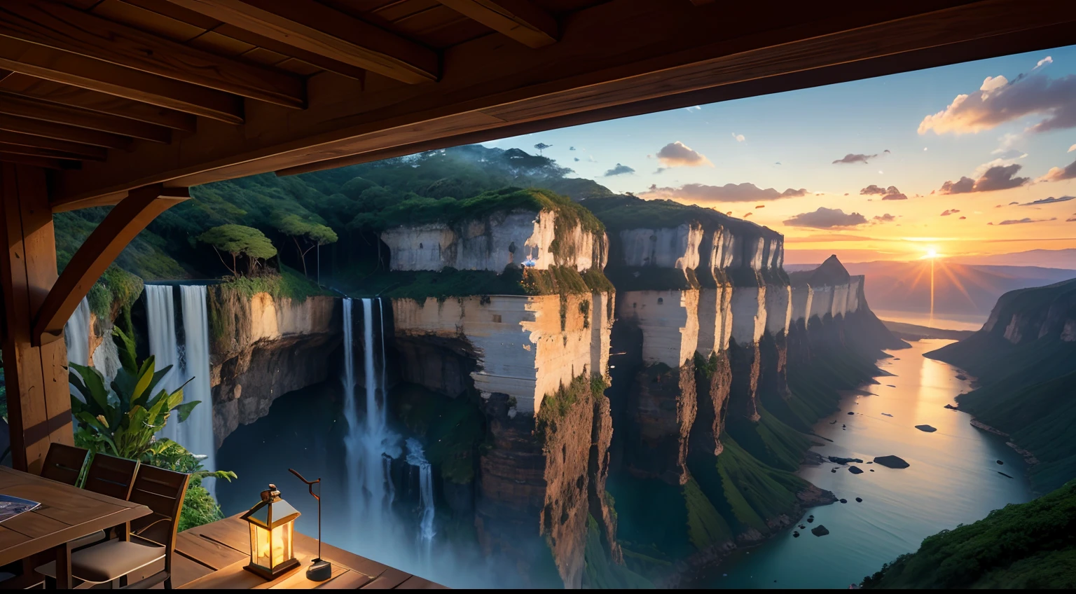 Filme, Arte Conceitual de Relaxamento, Interatividade de Cena Multijogador Muito Detalhada, (Homem), Mulher, beautiful art illustration, Paisagem Detalhada, Cena Altamente Detalhada, environmental design illustration, Natureza, Epic Building Center, Aconchego, Brilho Noturno, Original, HDR, (Penhasco, Cachoeira, Abismo, Rocha, Cliff Edge House:1.3), Filme, Slate Grey, dramatic light, Arquitetura, Homem Mulher, post-impressionism, Key Vision, Tanzania Biophilic Bridge, at twilight, Luz do Cabelo,  Arte de Hearthstone, Unreal Engine elfos