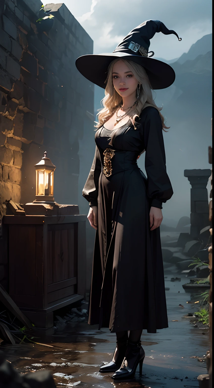 (Numerous award-winning masterpieces, with incredible detail, textures and maximum detail), (hyper realistic:1.4), (realistic:1.3), (full body up:0.4), (best quality real texture skin), ((medieval world)), slanted eyes, finely detailed eyes, finely detailed face, (((witch's old black hat))), (Slim witch in white), (Slim female wizard in white), (Slim witch in black), (slim female wizard in black), Gentle eyes, ((perfect and beautiful fingers)), ((perfect and beautiful arms)), (She has a mischievous smile on her face:1.4), Friendly and girlish face, (The devil dances overhead), Glass earrings on the ears, (dramatic photo:1.6), Shining majestic lightning storm cloud mass and sky, halo optical phenomenon, Anti-Sacred Light, twilight, sunset, dusk, (Dramatic Light), (A majestic sight), (Her expression is calm gentle and very beautiful but somehow scary), (Noble posture), (golden hair, silver hair, chestnut hair), ((Full-length portrait)), ((looks up)), ((looking down)), (full-body standing image:1.5), (Around her neck is a simple necklace with wicked but elaborate workmanship), Altar of Purgatory, Old ruins infested with plants, The Great Temple of the Devil, great cathedral, The Devil's Grand Shrine, temple ruins, detached temple, magic circle, Ruins of an ancient castle, Deserted ruins, crumbling ruins, Ancient ruins with clear water, wavelets, running water,