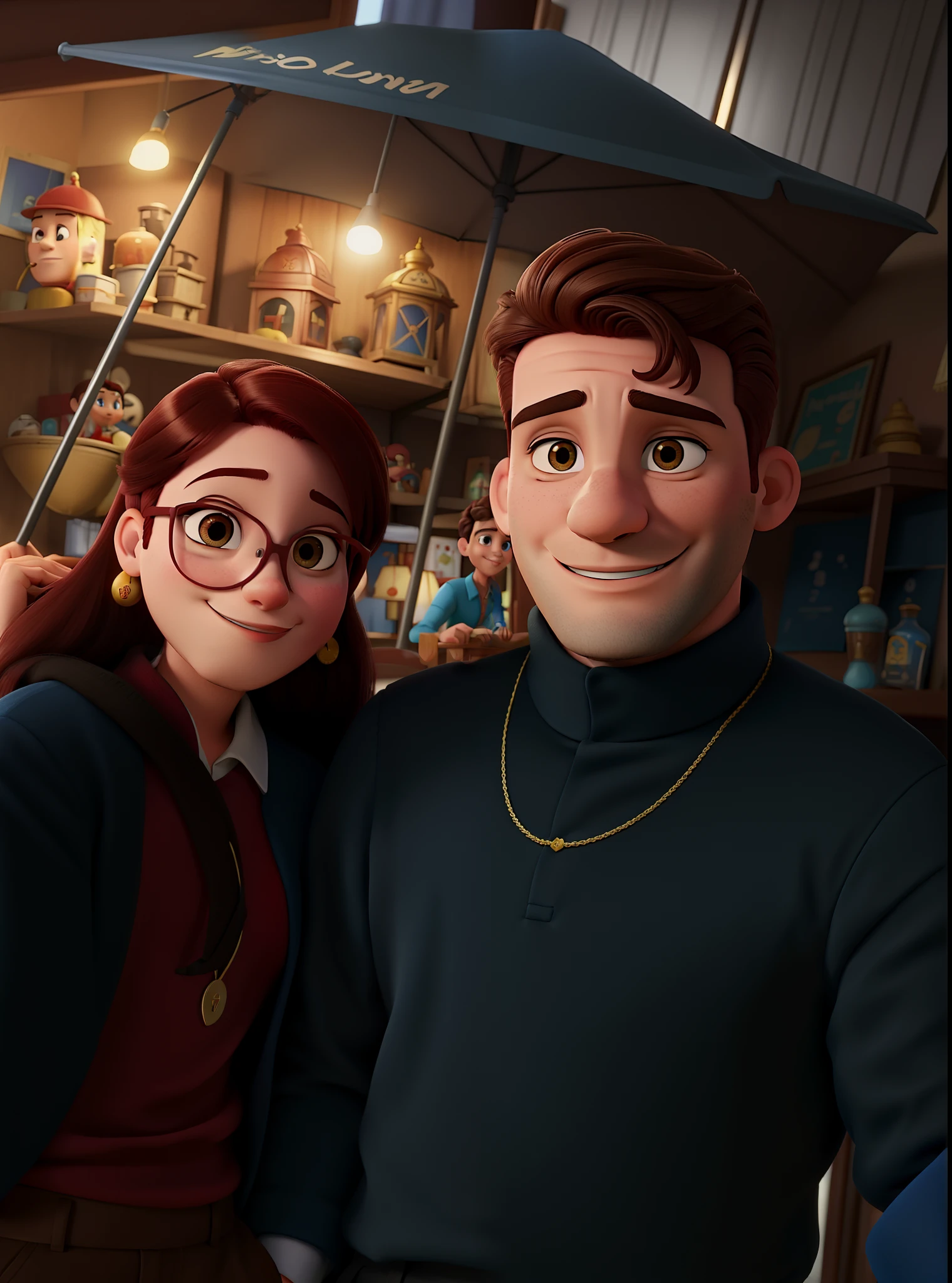 Casal (homem moreno e mulher branca) no estilo Disney Pixar, alta qualidade, melhor qualidade.
