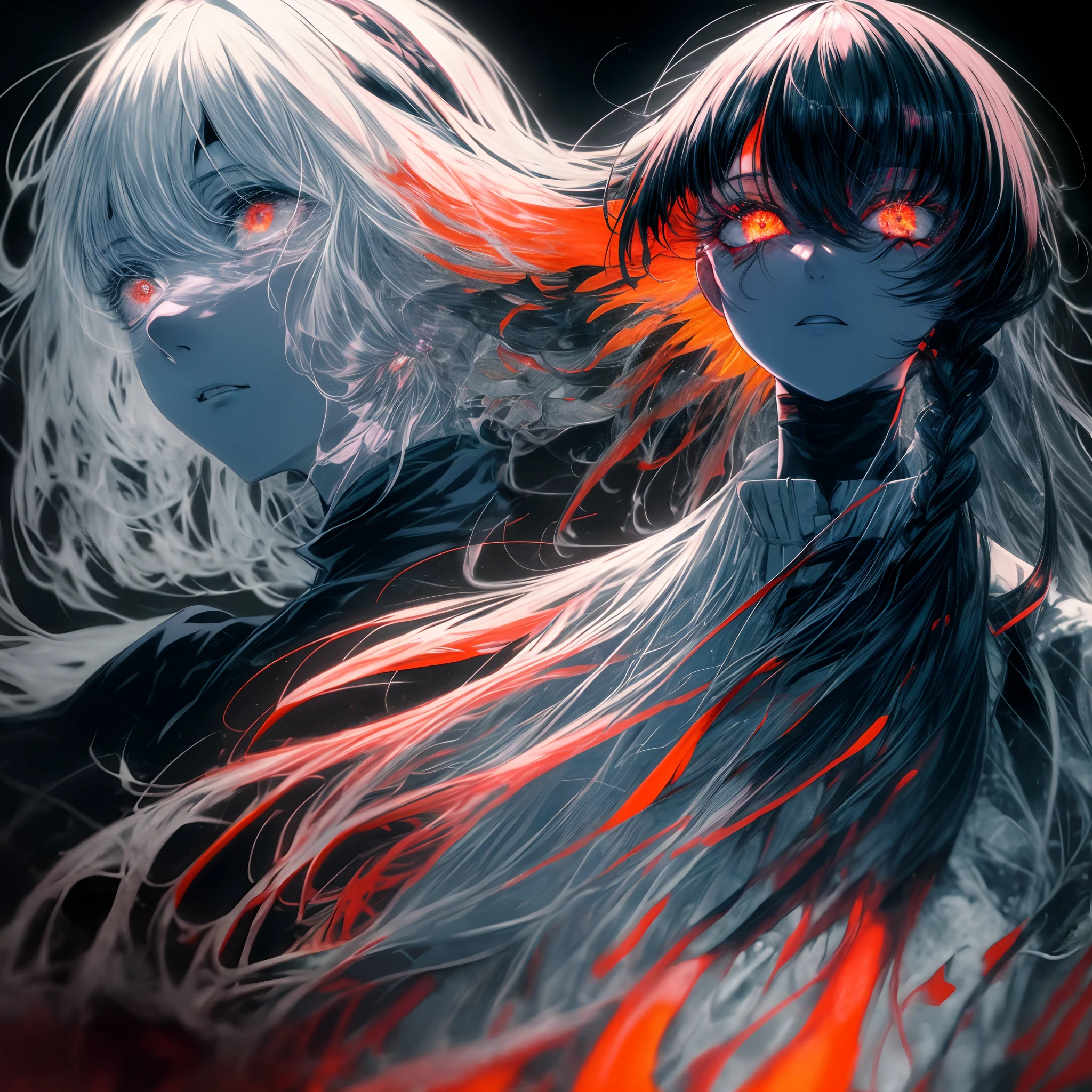a closeup of big demonic eyes, compound eyes, Unique demon ghouls, Unusual pupils,Kaneki, Monochrome, Radioactive light, anime2018::1, neon::1, neon color::1,, Part 1.5, detaled face, ultra quality, Ultra Graphics, Flowering 1.0, l vampire, depression, ultra realistis, Anime IRL,Anime girl, Dark gothic Style, HDR, RTX, The body shatters , Detailed Face,soft-lighting, makoto sinkai,Digital Painting,looking up at the camera", 8K, big dreamy eyes,blurry, Smooth soft skin, Cloned face, Symmetrical, orange liquid, leaks from the eyes,anime art,photo, Face cracking , ......key: orange, blood from the eyes, Realistic, Realistic light, Realistic anime, realistic shadows, Liquid, depressive, Clouds, Sakura, spider lily , A detailed eye, eyes focus, Lashes, fluffy lower eyelashes:1.5, pale face, Very orange eyes, gloomy horror atmosphere, Scary picture, woods, mist, orange Liquid, flowing down from the trees, Dark atmosphere, The body shatters, braids, Sateen, blood on the ground, fire, eye closeup,The Better Generation, Ultra Generation, Generation 3000, 2048×2048......, Face detailing, Detailing clothes, Symmetrical balance, Tokyo Ghoul, death note, castlevania, l vampire, Kaneki, Anime 2020, Water and sky, black hair,Detailed hair, Tokyo Ghoul, death note, castlevania, Kaneki, l vampire, Depressive art, depression, ennui, Sadness, cry, pain, Black smoke, Black Energy, Tentacles, Kagune, bloods, blood on the face, A sea of blood, fetters, barbed wire, fire, Wide-angle camera, lots of fine detail, spider lily, Sakura, Sweet, Scalopendra, Black background, horror film, Hole in the case, Dead Inside, Dead Art, lying on the grass, Manga style, comic style, Multiple frames, The body is destroyed, Manga page, Eyes are everywhere, Lots of eyes in the background, Drawing of Ishida sui, art of Ishida sui, in the style of Ishida sui, Two people, in full growth, depressive posture, Spider flowers