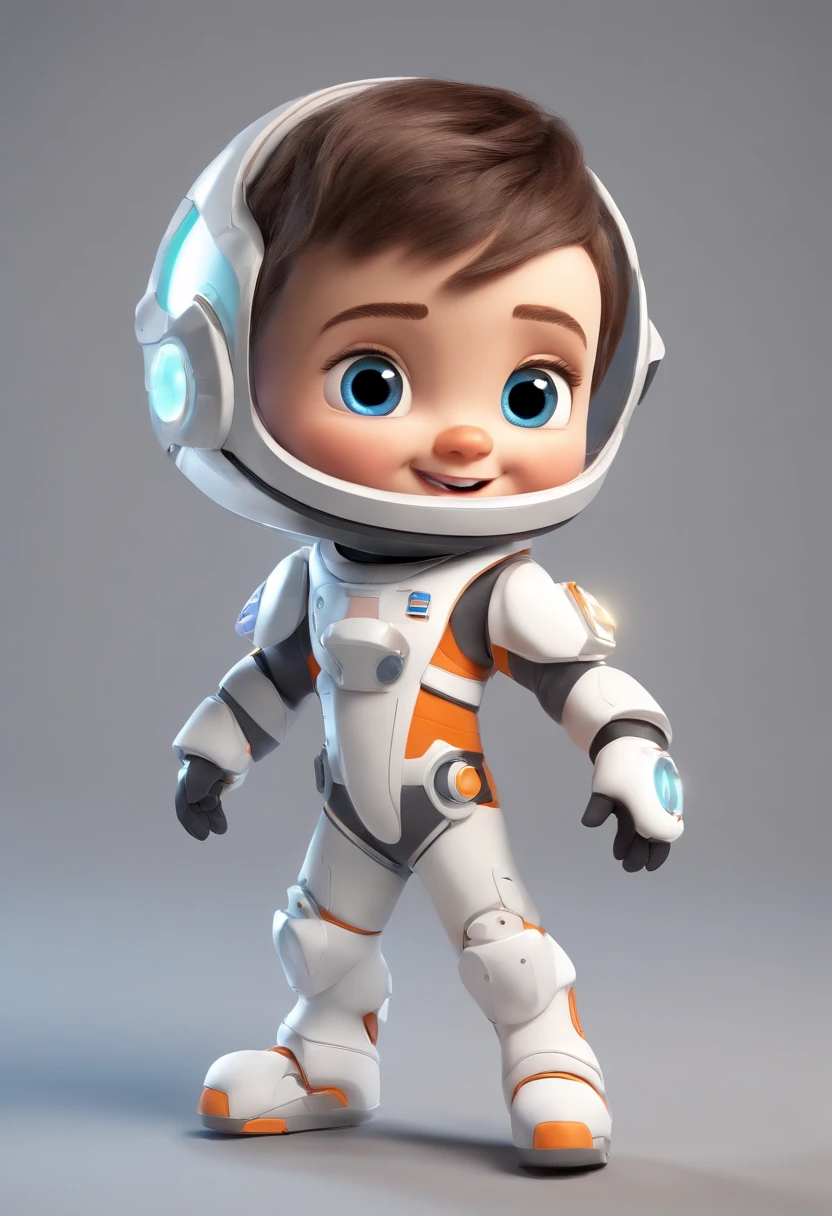 (a happy,cute) 3D cartoon kid standing in a white background, wearing a space costume. The kid has short hair and a detailed face, with a playful and asymmetrical expression. The costume is colorful and vibrant, reminiscent of Pixar's style. The background is clean and bright, providing a perfect contrast to the character. The image quality is of the highest standards, with a resolution of 16k for ultra-detailed rendering. The lighting is well-balanced and brings out the vivid colors of the scene, making it a masterpiece of digital illustration.