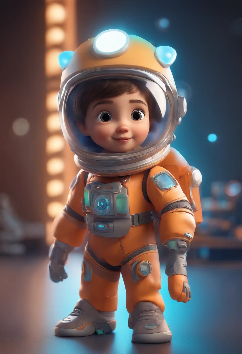 (a happy,cute) 3D cartoon ??? standing in a white background, wearing a space costume. The kid has short hair and a detailed face, with a playful and asymmetrical expression. The costume is colorful and vibrant, reminiscent of Pixar's style. The background is clean and bright, providing a perfect contrast to the character. The image quality is of the highest standards, with a resolution of 16k for ultra-detailed rendering. The lighting is well-balanced and brings out the vivid colors of the scene, making it a masterpiece of digital illustration.