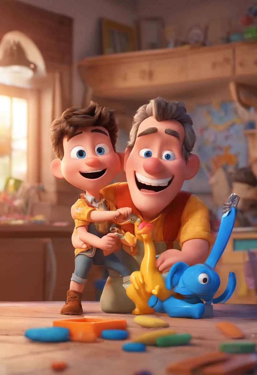 Estilo Pixar: The grown man is holding a naked blue-eyed boy and in his other hand he is holding a pair of scissors and is trying to cut off the boy's testicles,3D Poster,Disney