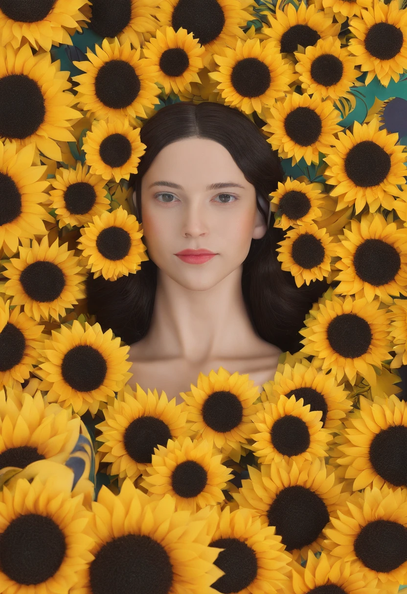 retrato de uma mulher morena. Com cabelo encaracolado e sorridente. The garden is full of sunflowers, material de argila, estilo de design cartunesco, POP Mart, soft lighting, linhas suaves, Lentes Tilt-Shift, detailed science fiction illustrations, Detalhes hiper-realistas, cor quente