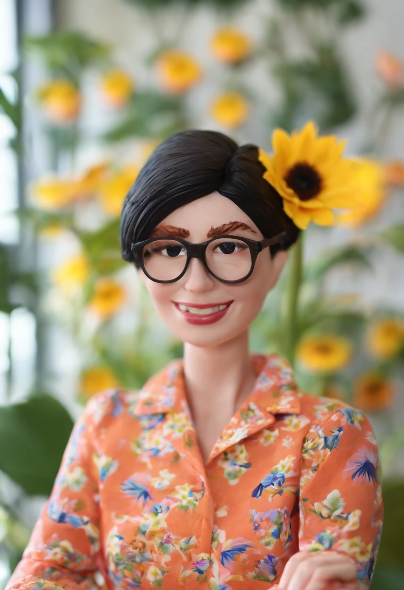 retrato de uma mulher morena. Com cabelo encaracolado e sorridente.  The garden is full of sunflowers, material de argila, estilo de design cartunesco, POP Mart, soft lighting, linhas suaves, Lentes Tilt-Shift, detailed science fiction illustrations, Detalhes hiper-realistas, cor quente