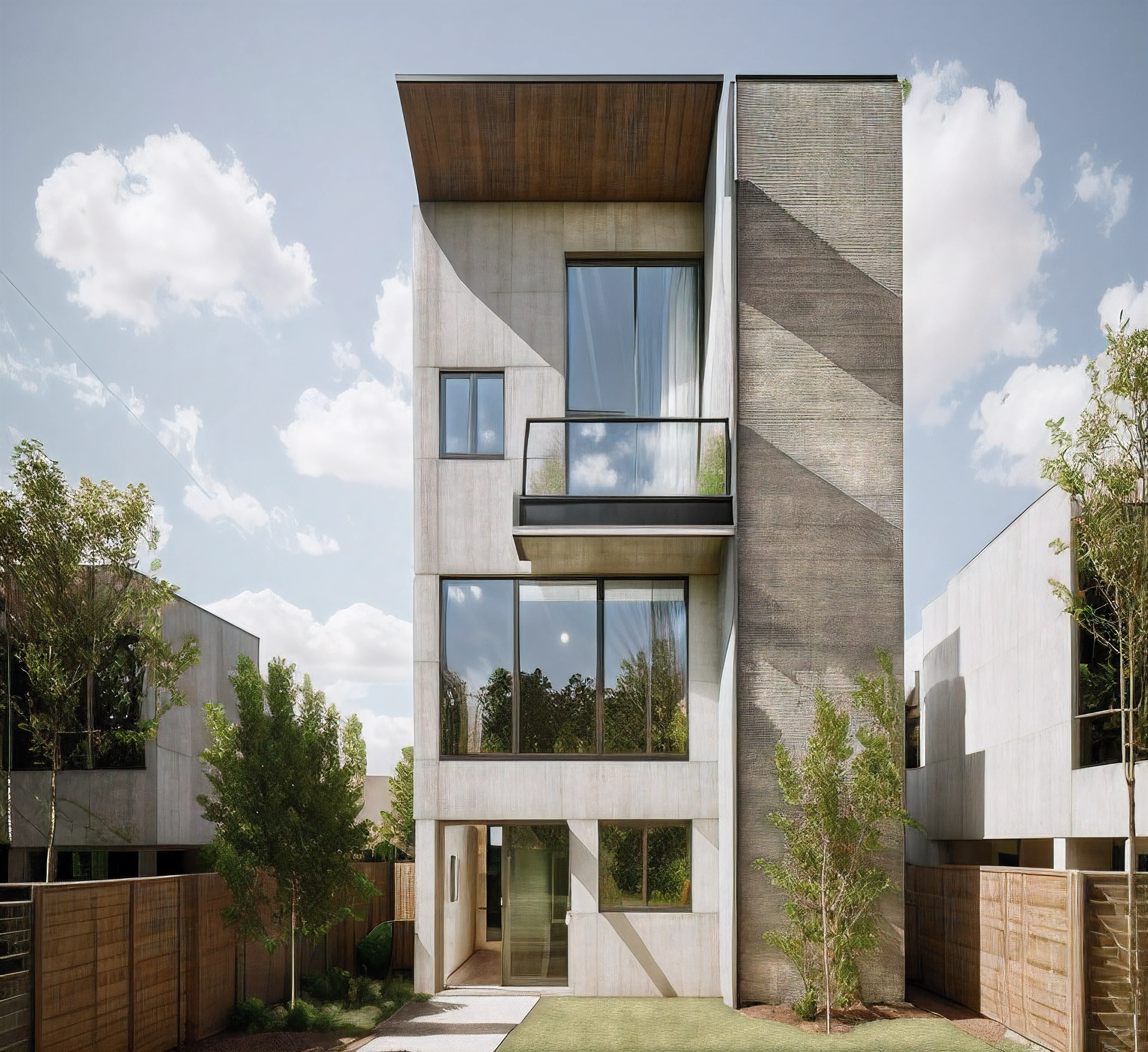 TOWNHOUSE, MODERN STYLE, VRAY RENDER, SURROUNDED WITH GREEN TREES, WARM TONES, CLOUDY SKY