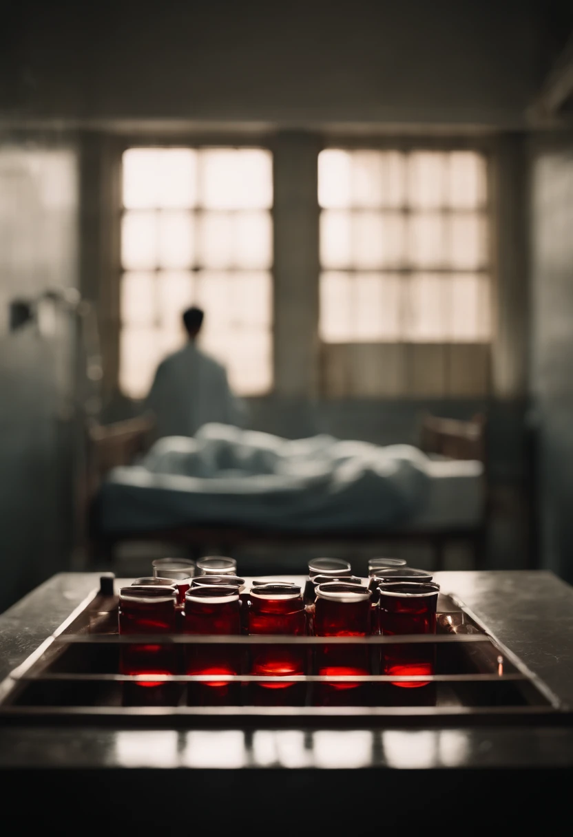 laboratory、glass tube、a bed、blood stain、horor