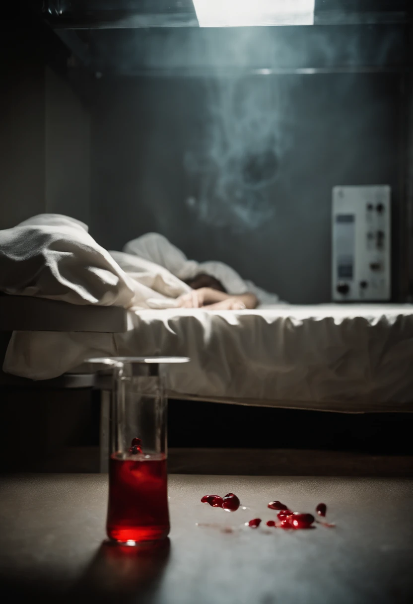 laboratory、glass tube、a bed、blood stain、horor