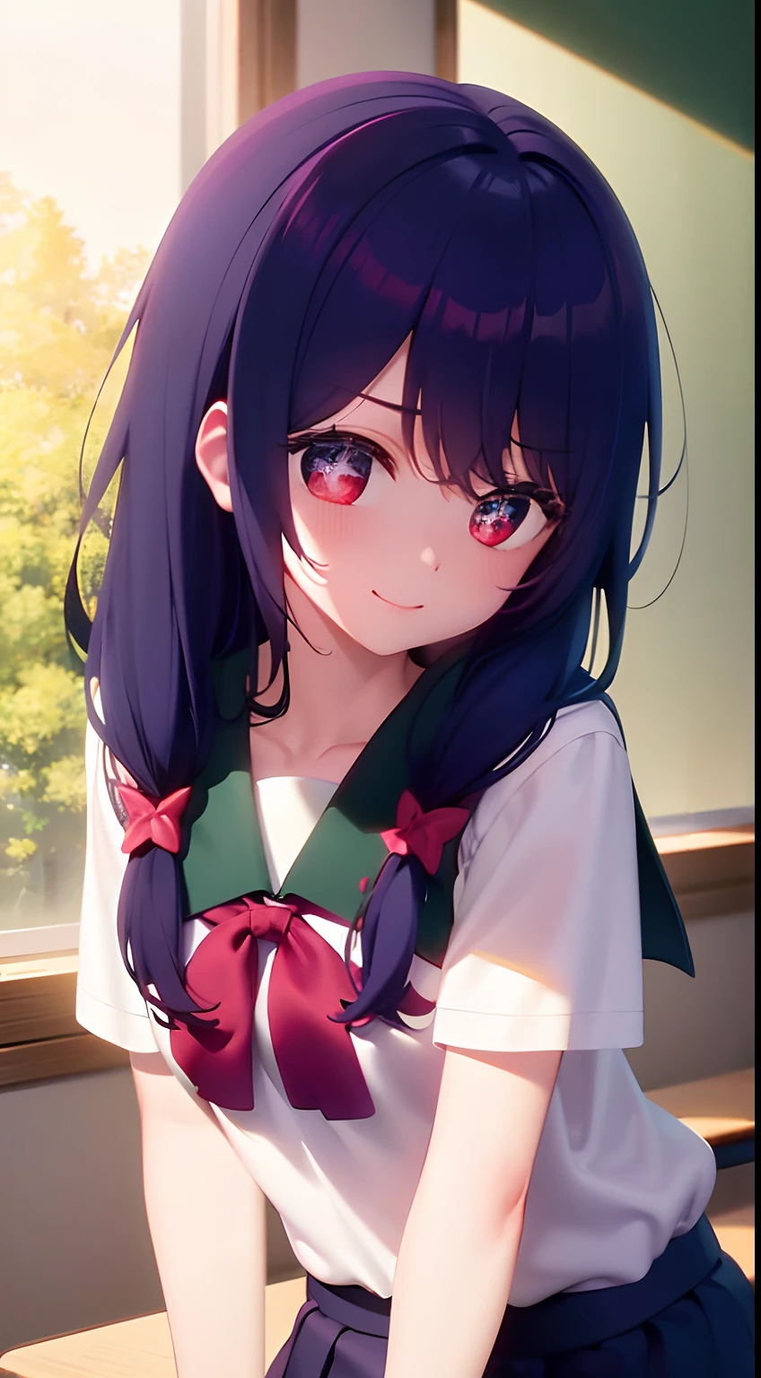 Empty classroom after school, classroom scene, sunlight shining in through the window, (a lazy cute girl lying on her desk, looking at the audience, Smile: 1.3), solo, hair ornament on left, (half-off JK school uniform), black summer short-sleeved school uniform, (red eyes, stars in the eyes), classroom, (desk), curtains, windows, front, fantasy, (upper body) (large classroom: 1.2) (large scene), medium and long shot, denim lens, (colorful: 1.2) (best quality: 1.2), master work, (high accuracy: 1.1), 8k resolution, (rich detail), delicate, clear background, noise reduction, complex details, super detailed, very detailed, complex, small details, CG, fresh