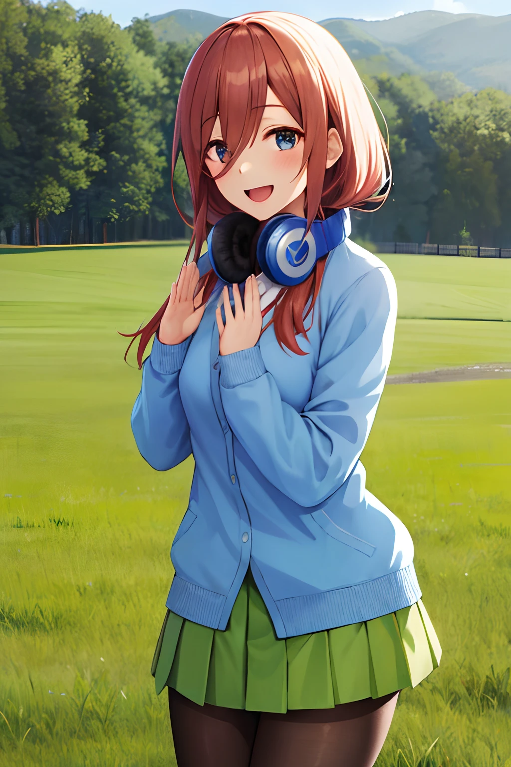 masterpiece, best quality, highres, nm1, headphones around neck, school uniform, long sleeves, blue cardigan, green skirt, pantyhose, cowboy shot, smile, open mouth, own hands together, field