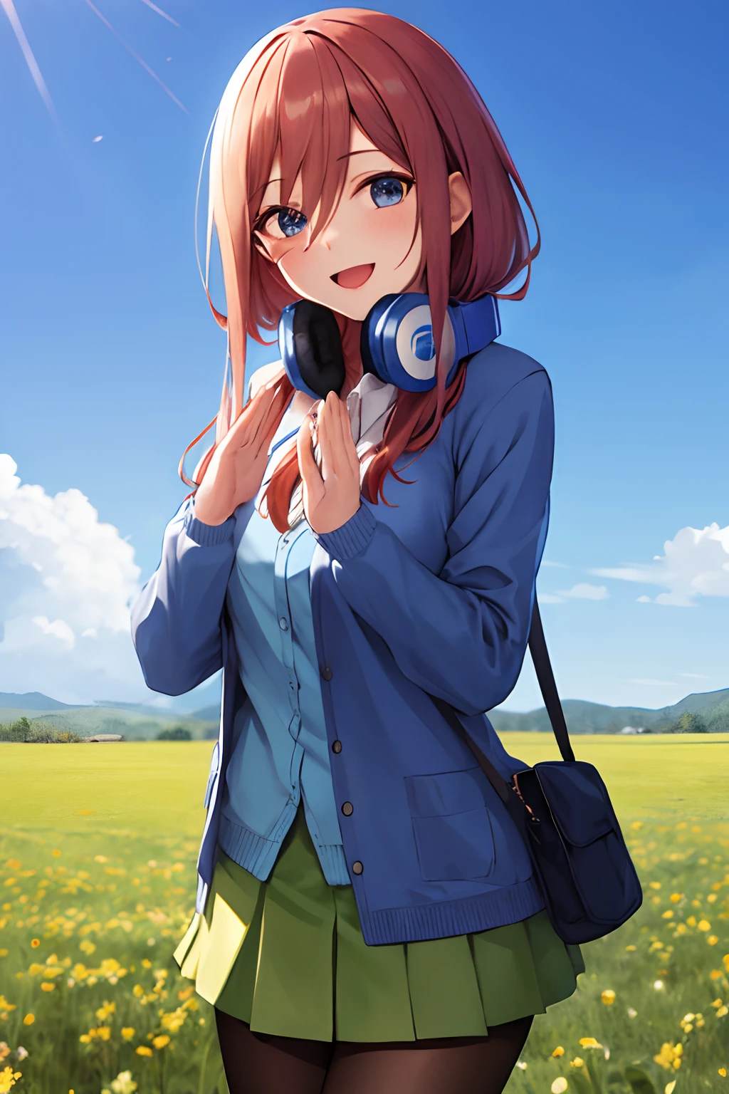 masterpiece, best quality, highres, nm1, headphones around neck, school uniform, long sleeves, blue cardigan, green skirt, pantyhose, cowboy shot, smile, open mouth, own hands together, field