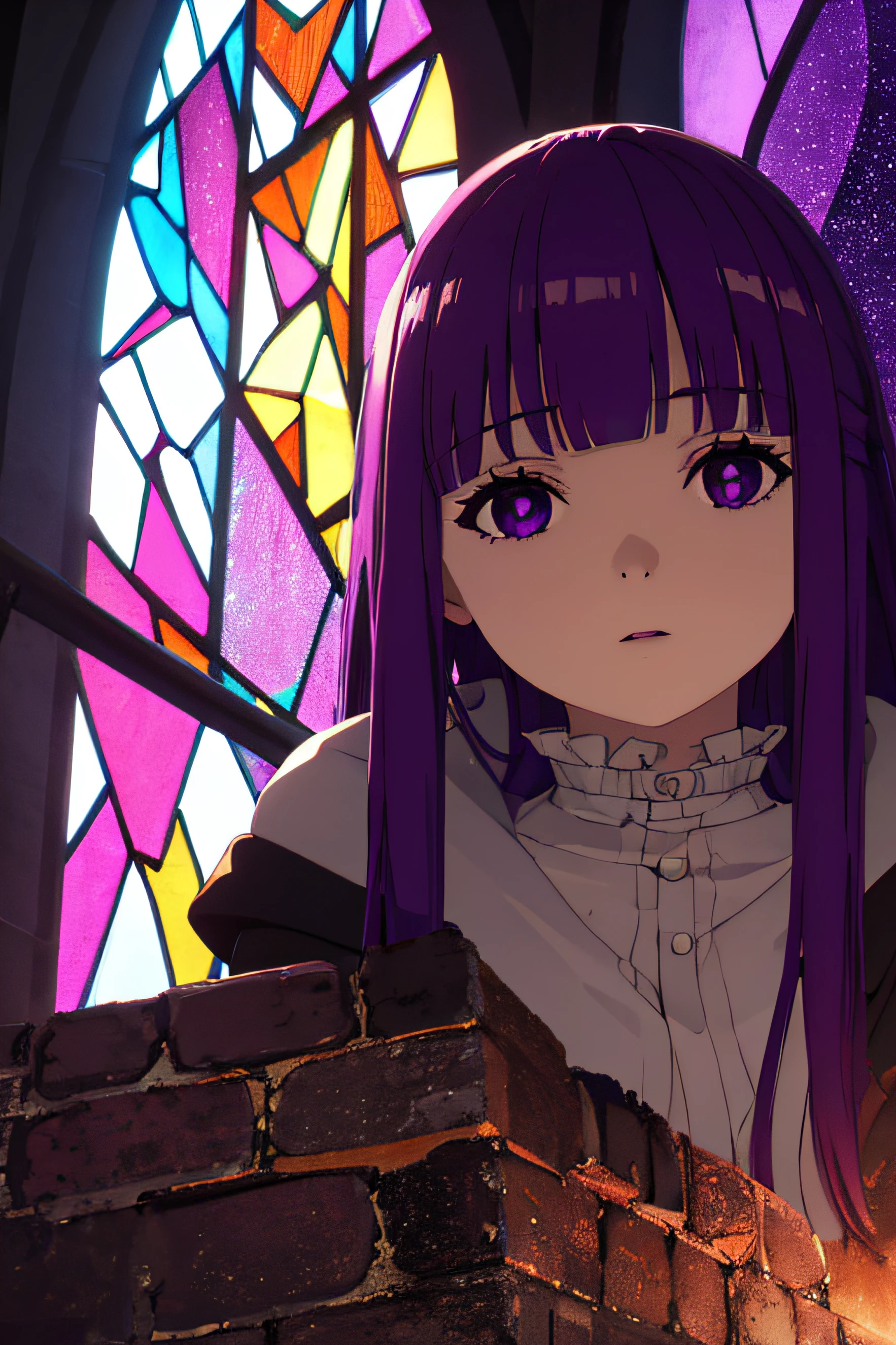 Sitting on a catedral, giant Multicolored stained glass windows on the background, beatiful escene, canddles, 1girl, particles, 4k, HD, portrait, panoramic take, beatyful eyes and face, purple hair, purple eyes, intrincated, dynamic light