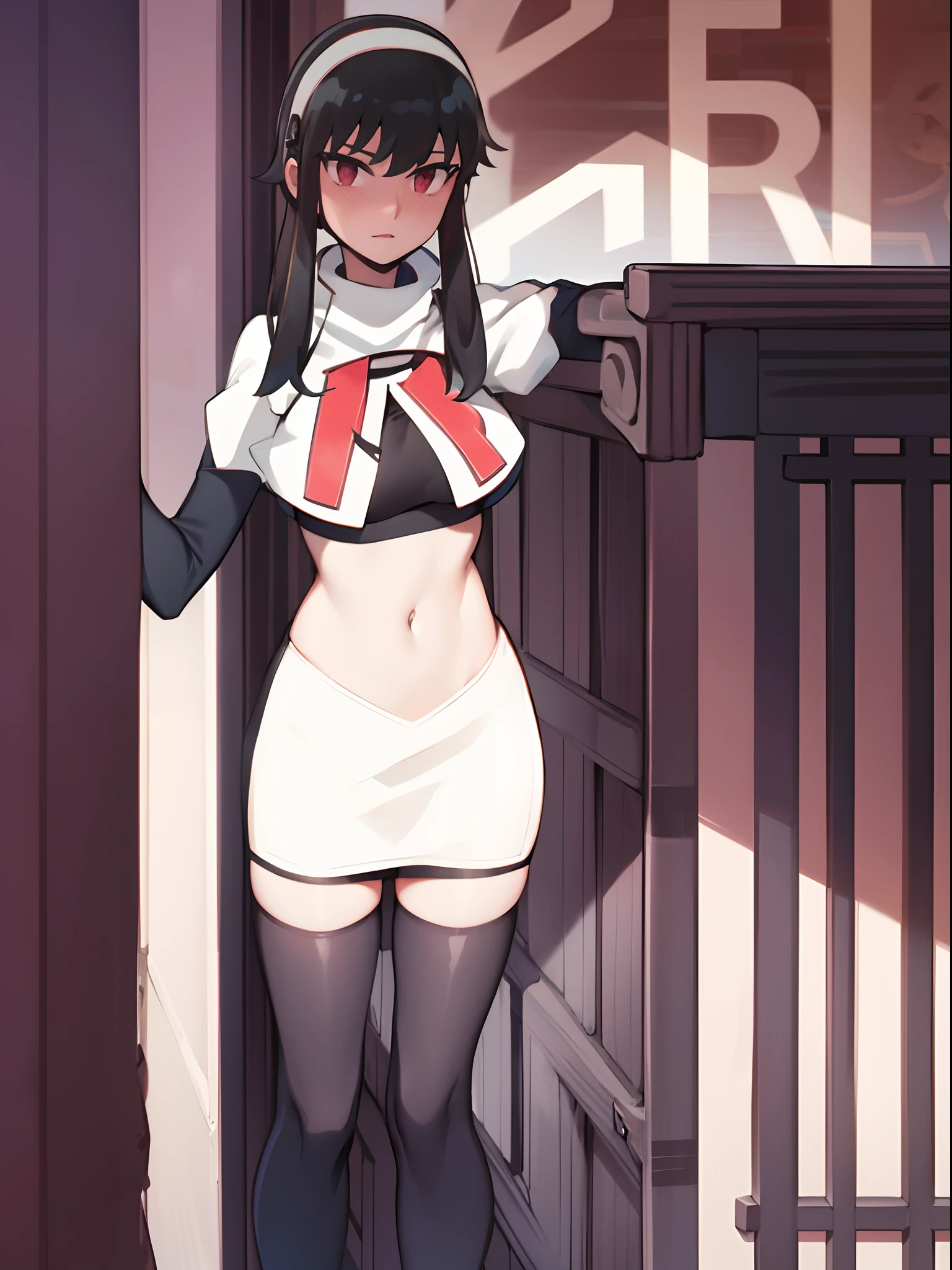yor, 1girl, black hair, red eyes, black hair, short hair, short hair with long locks, bangs, sidelocks, white hairband,team rocket,team rocket uniform,white skirt,crop top,black thigh-highs,black elbow gloves,