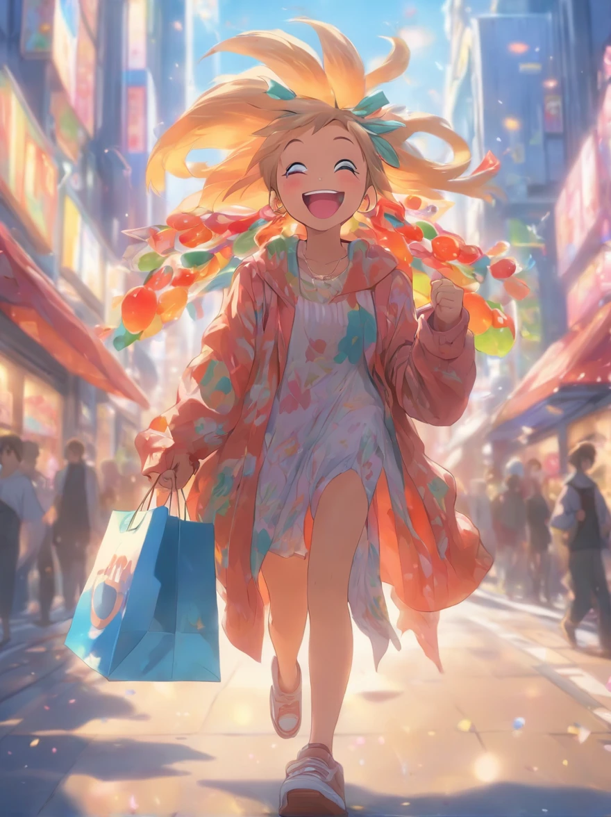 Laugh happily,Walking down the road with shopping bag in hand
